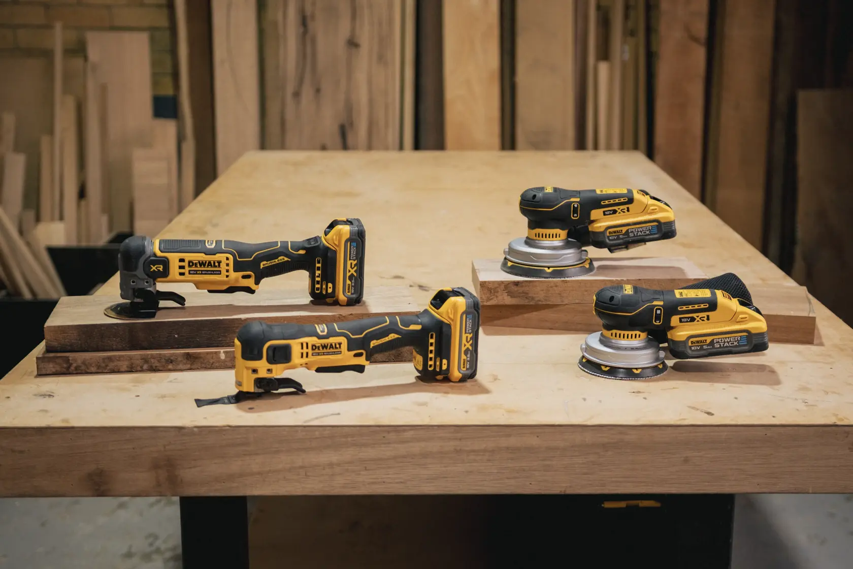 Vier kabellose DEWALT-Werkzeuge auf einem Holztisch in einer Werkstatt, darunter Schleifer und Multitools.