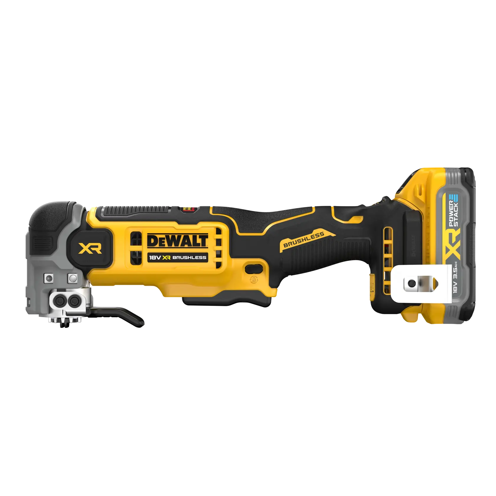 Scie sauteuse sans fil DEWALT 18V XR brushless avec batterie, vue de côté.