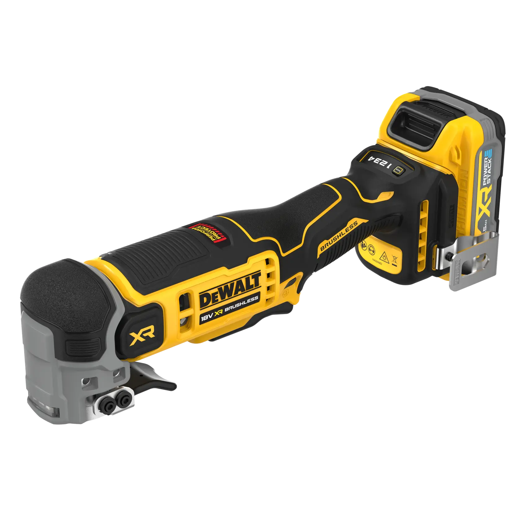 Outil multifonction sans fil DEWALT 18V XR brushless avec batterie, jaune et noir.