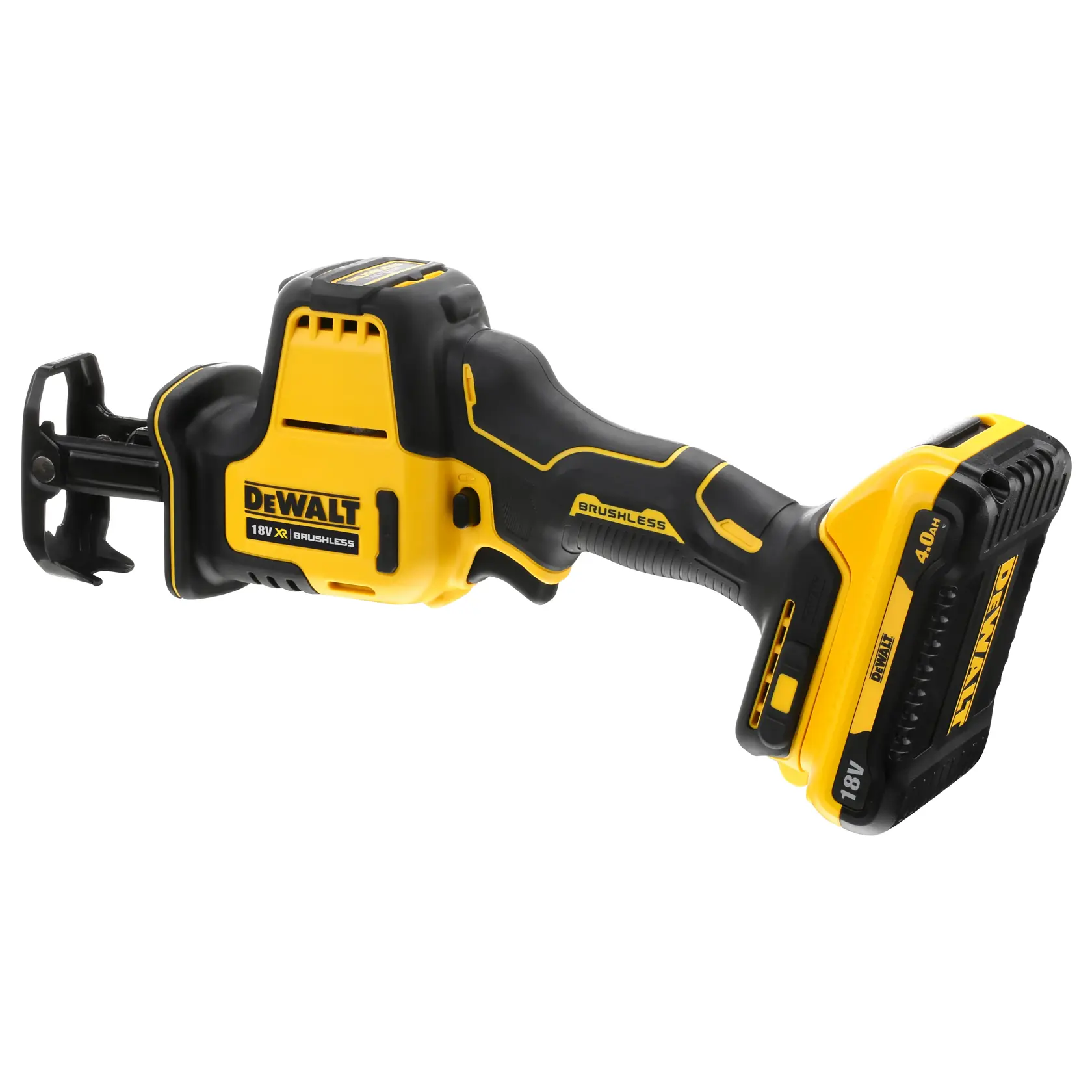 Sierra recíproca DEWALT 18V XR inalámbrica con motor brushless, diseño amarillo y negro, vista lateral.