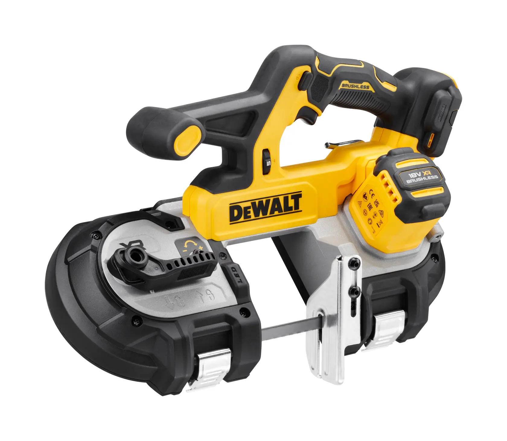 Scie à ruban sans fil DEWALT DCS378N jaune et noire, présentée avec sa batterie.