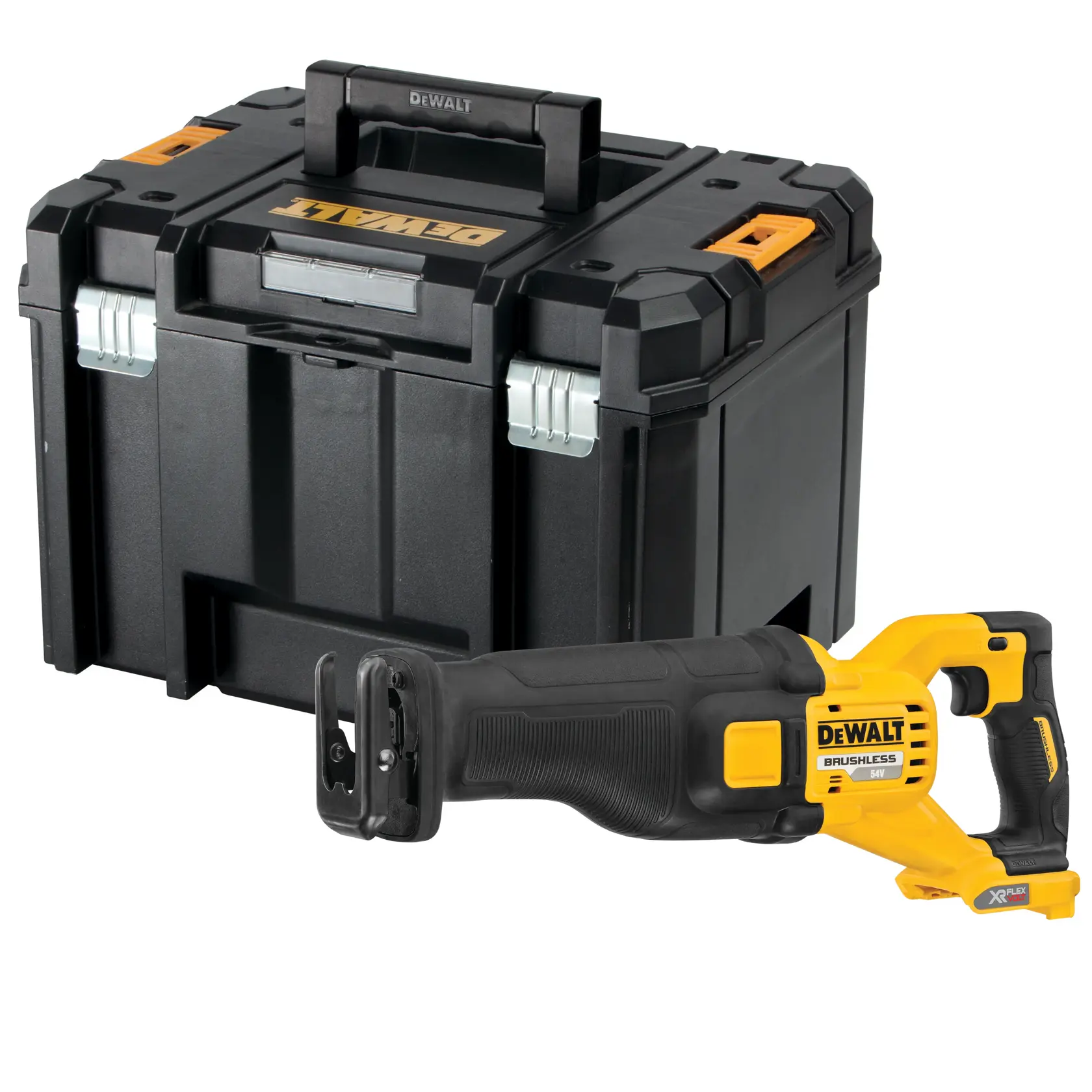 Scie sabre sans fil DEWALT avec une boîte de rangement noire présentées côte à côte.