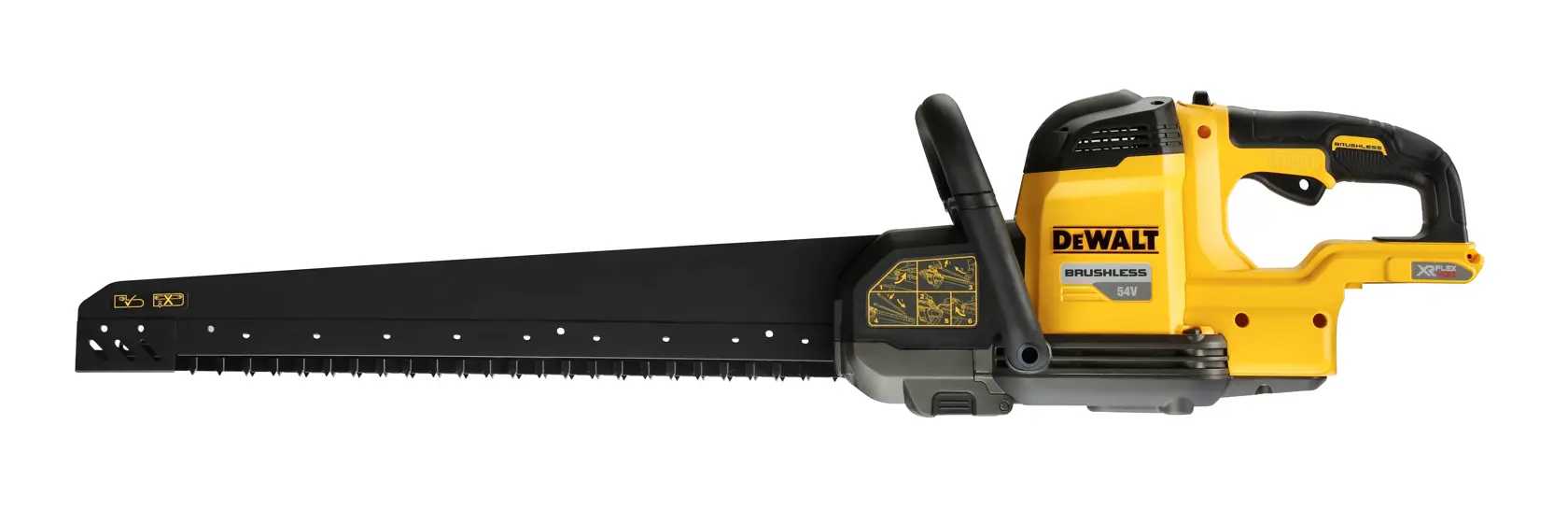 Scie sans fil DEWALT avec lame longue noire et corps jaune, adaptée aux matériaux de construction.