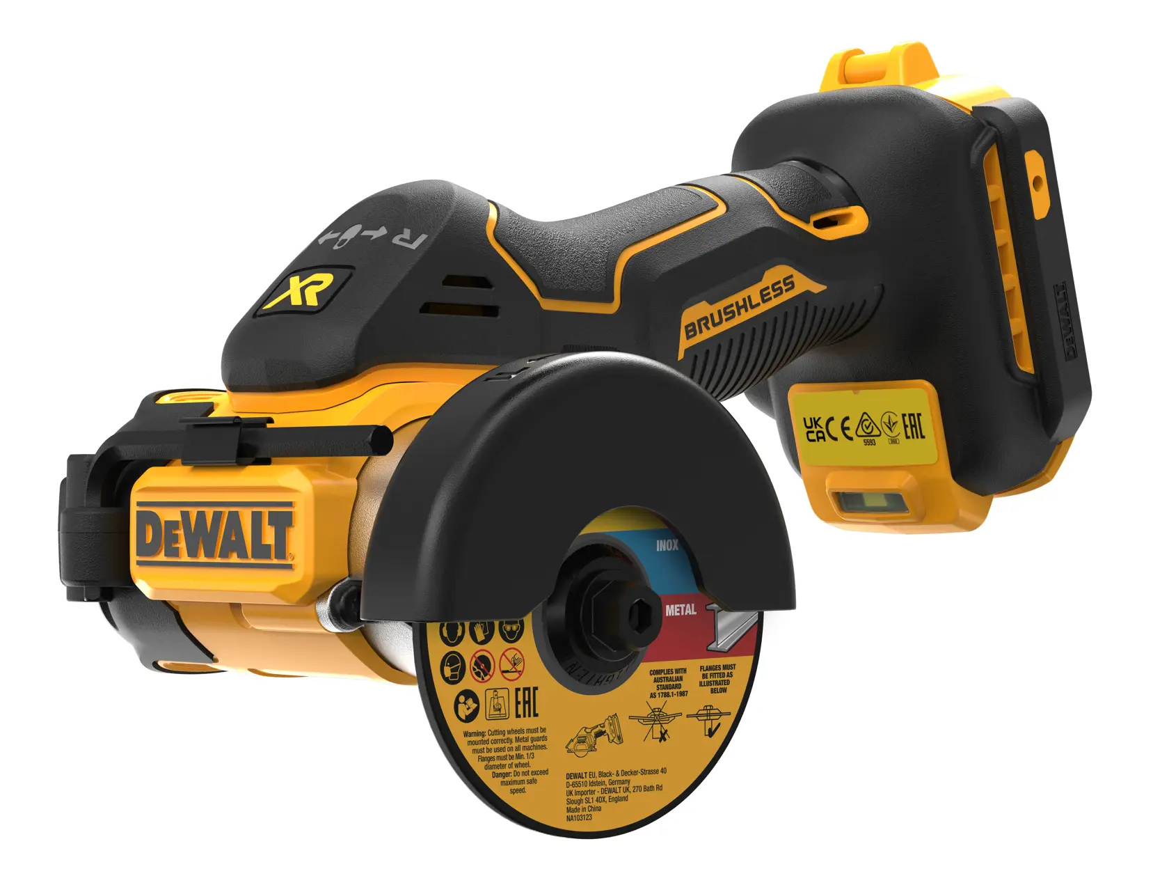 Outil de découpe sans fil DEWALT DCS438N avec moteur brushless, carter de protection et logo DEWALT, présenté avec un disque de coupe pour métal.