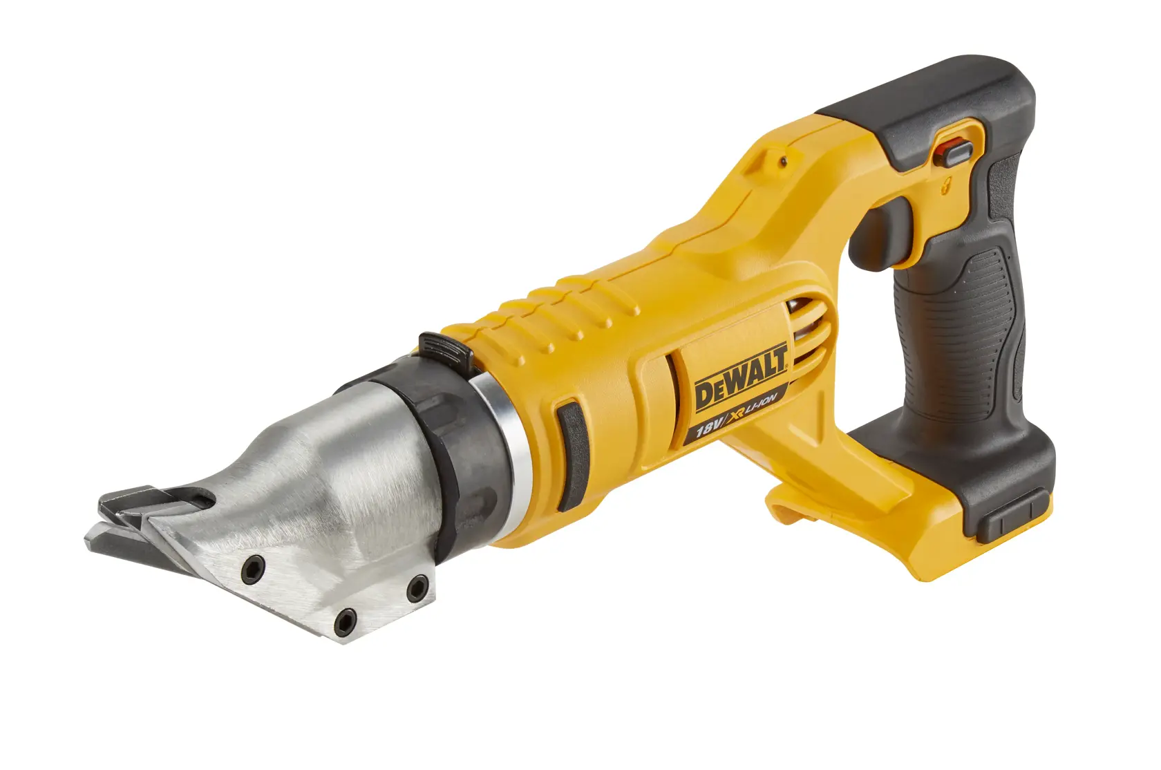 DEWALT Akku-Metallschere in Gelb und Schwarz auf weißem Hintergrund.