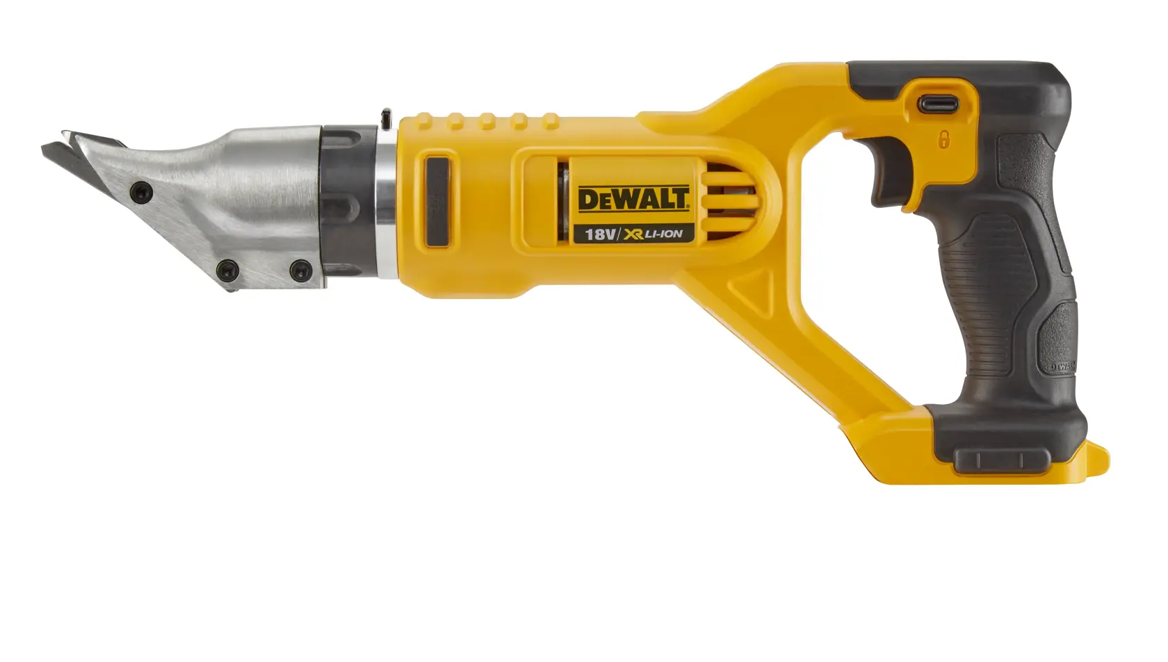DEWALT DCS491NT kabellose Metallschere, gelb und schwarz, auf weißem Hintergrund.