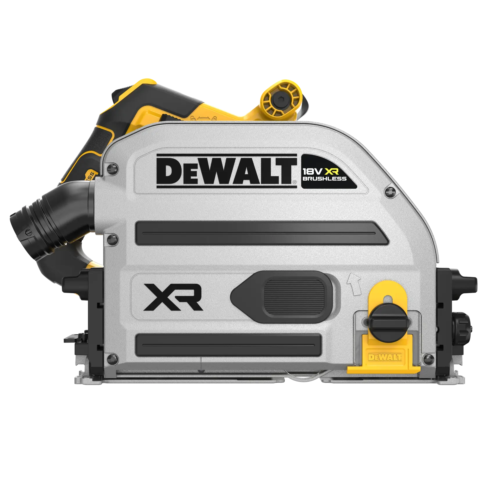 DEWALT 18V XR Brushless Tauchsäge mit silbernem Gehäuse und gelb-schwarzen Details, Seitenansicht.