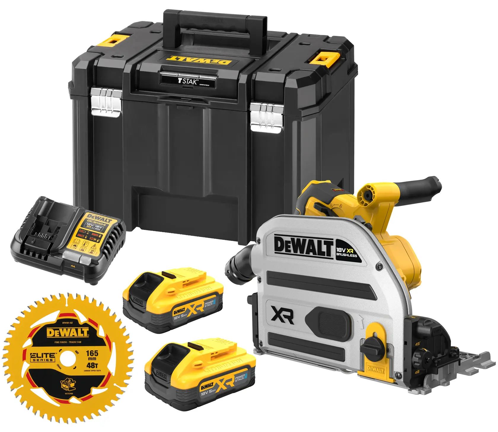 Kit DEWALT DCS525H2T avec scie, batteries, chargeur, lame et boîte de rangement.