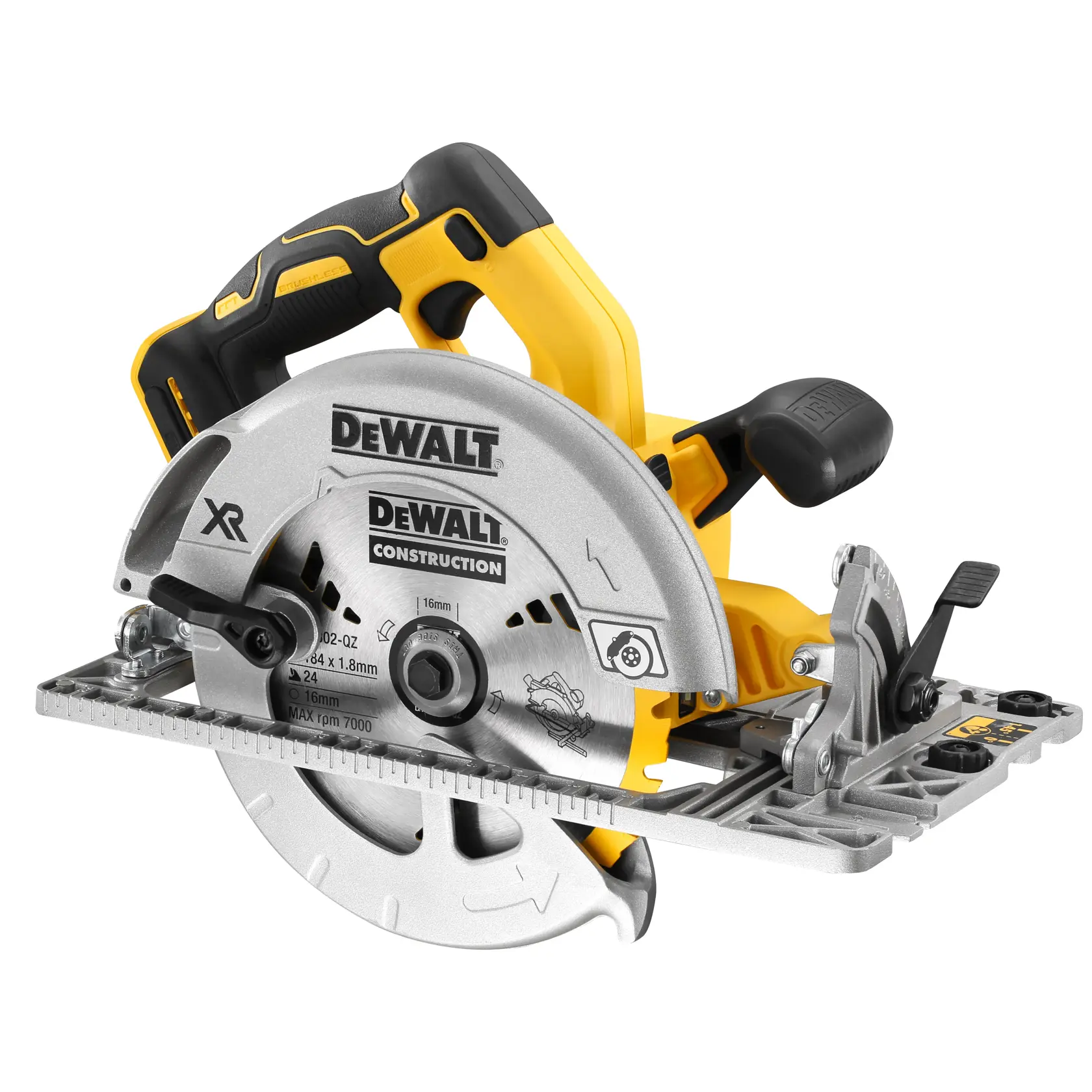 Scie circulaire sans fil DEWALT avec poignée ergonomique et protection de lame en métal.