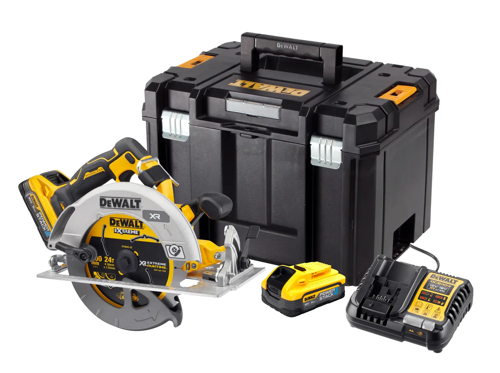 Un kit DEWALT de scie circulaire sans fil comprenant une scie circulaire jaune et noire, deux batteries, un chargeur de batterie et une grande mallette de transport noire.