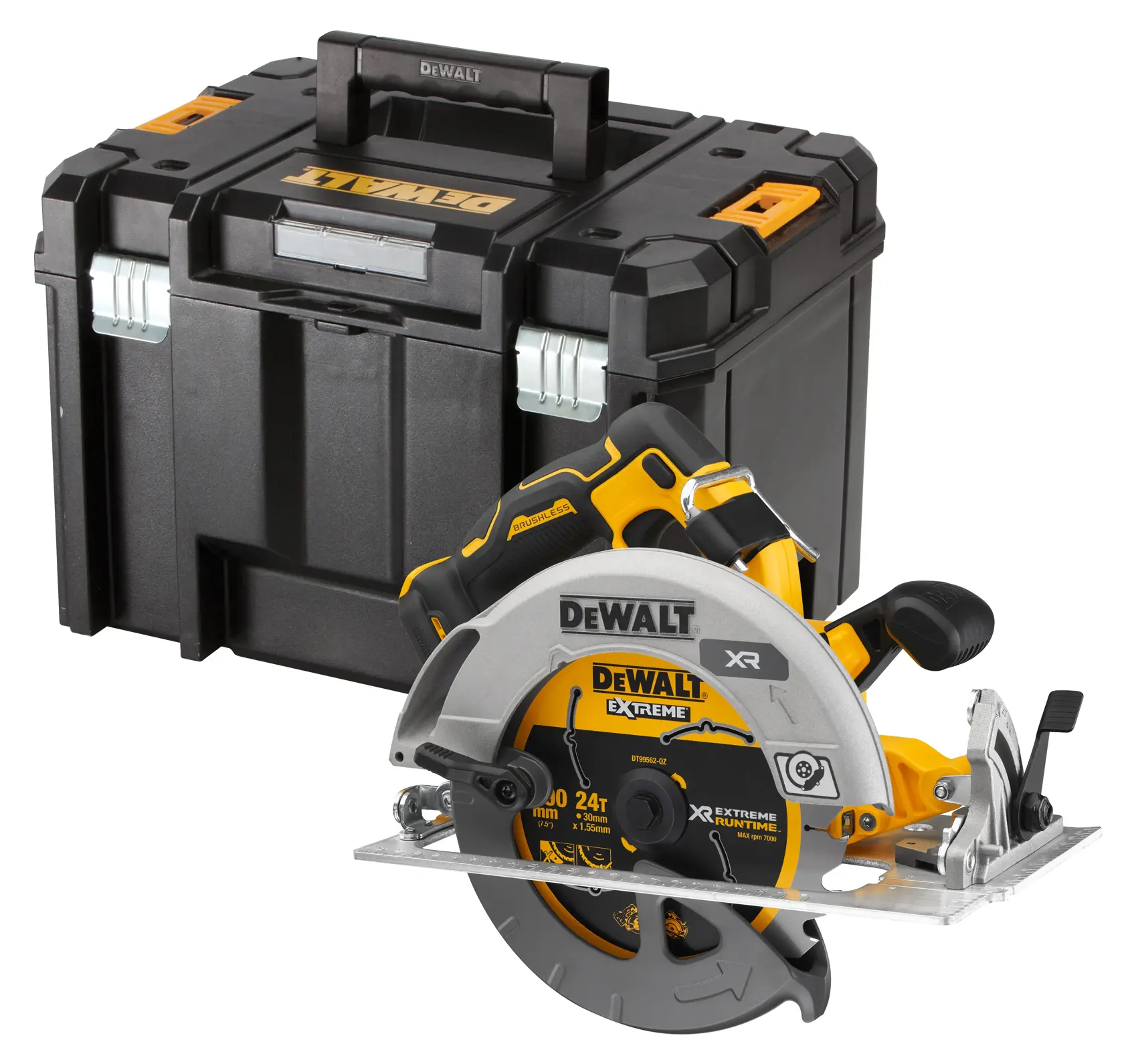 Scie circulaire sans fil DEWALT avec boîte robuste, idéale pour bois et bricolage.