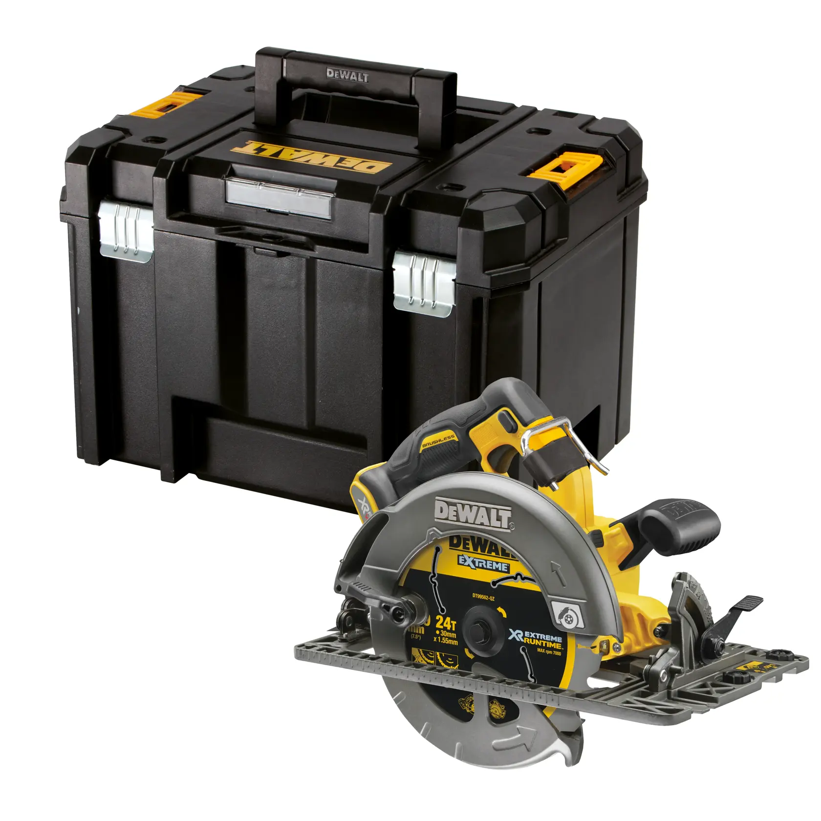 Scie circulaire DEWALT et caisse noire, couleurs jaune et noire, présentées sur fond blanc.