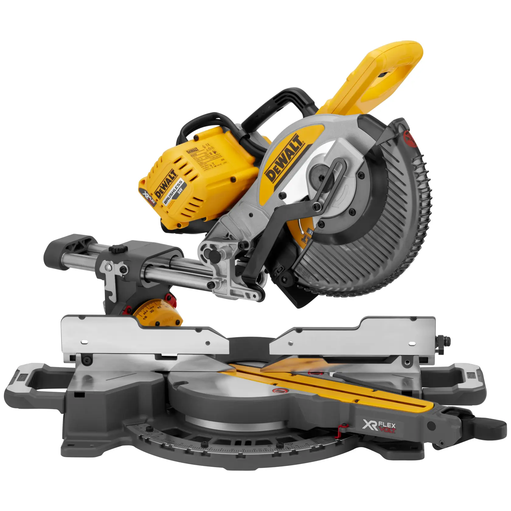 Scie à onglet coulissante DEWALT DCS727N jaune et noire, idéale pour coupes précises du bois.