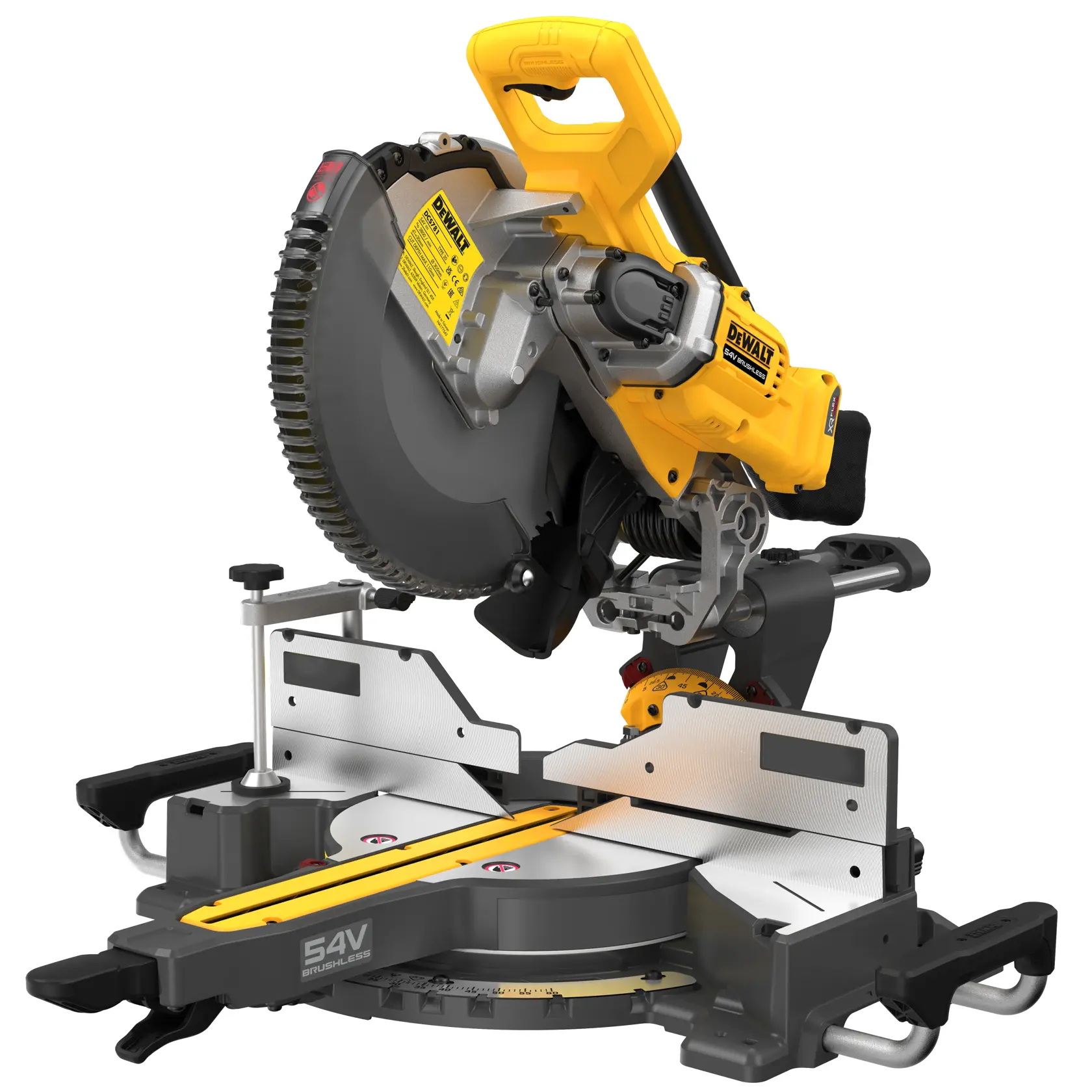 Scie à onglet coulissante DEWALT 54V sans fil, moteur sans balais, jaune et noire, pour coupes précises.