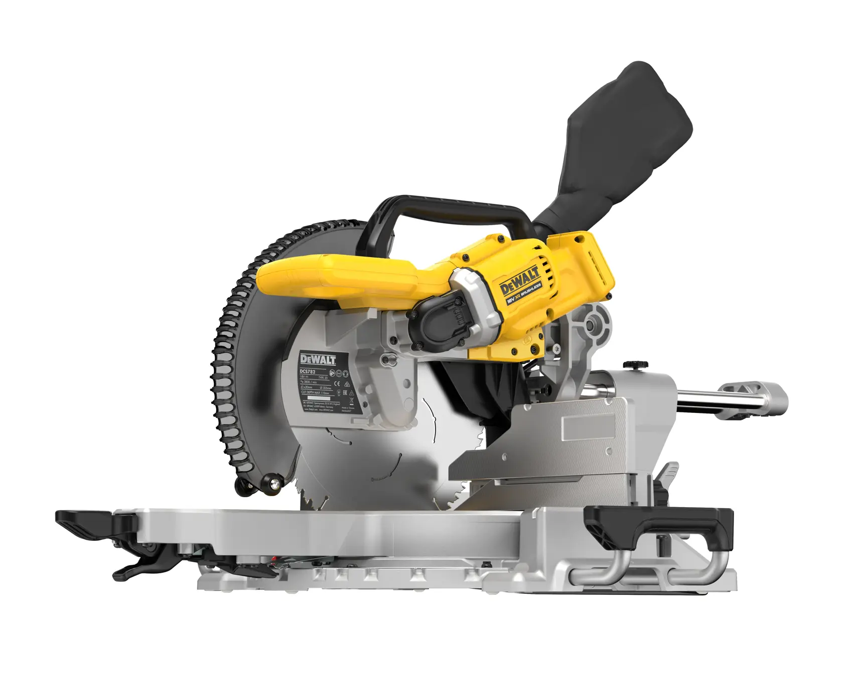 Sierra ingletadora DEWALT DCS782N con mango amarillo y base plateada para cortes precisos en madera.