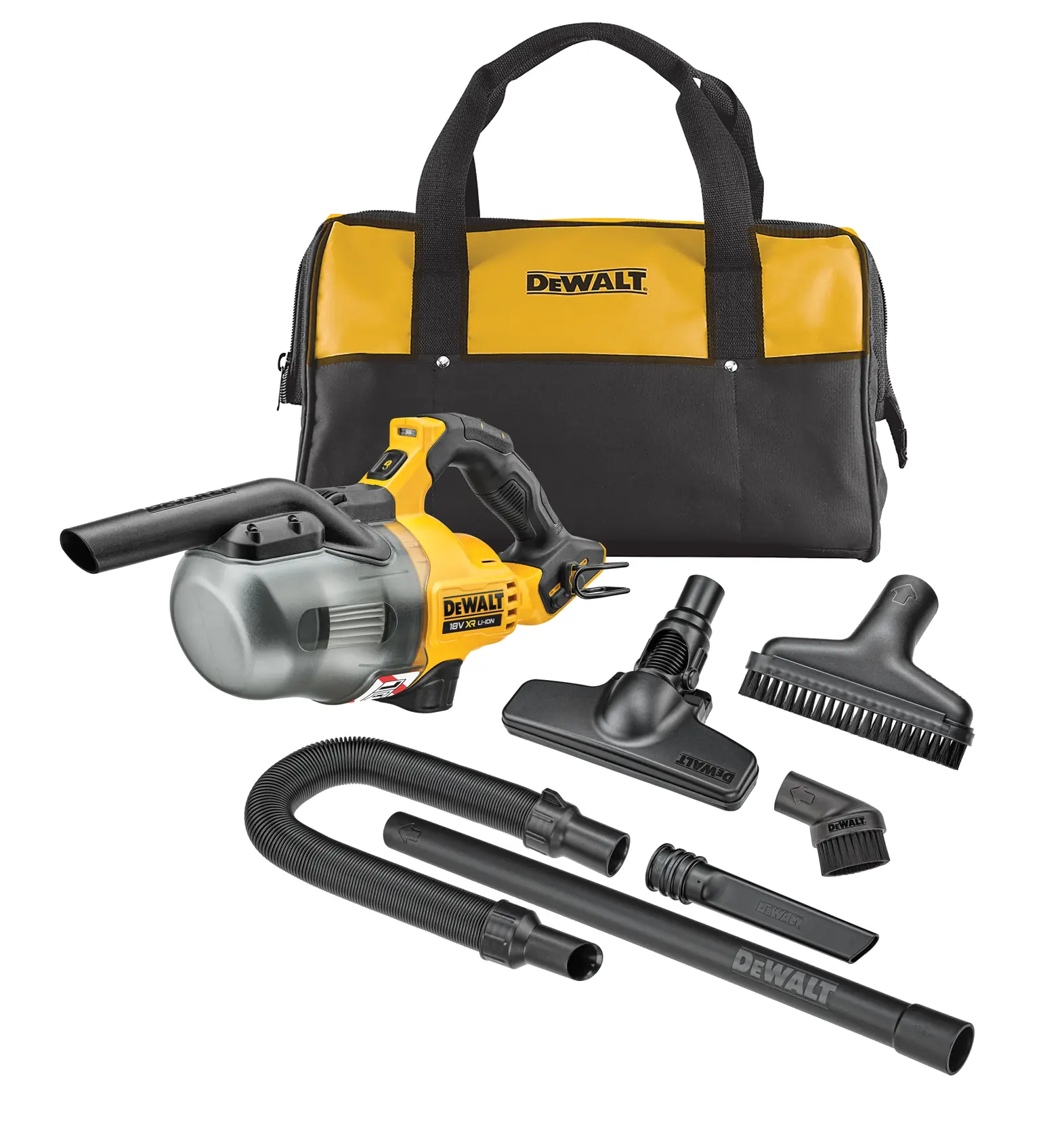 Kit d'aspirateur à main sans fil DEWALT comprenant une unité d'aspirateur jaune et noire, plusieurs accessoires (buse, brosse, flexible, tubes rallonge), et un sac de transport DEWALT noir et jaune, présentés sur un fond blanc.