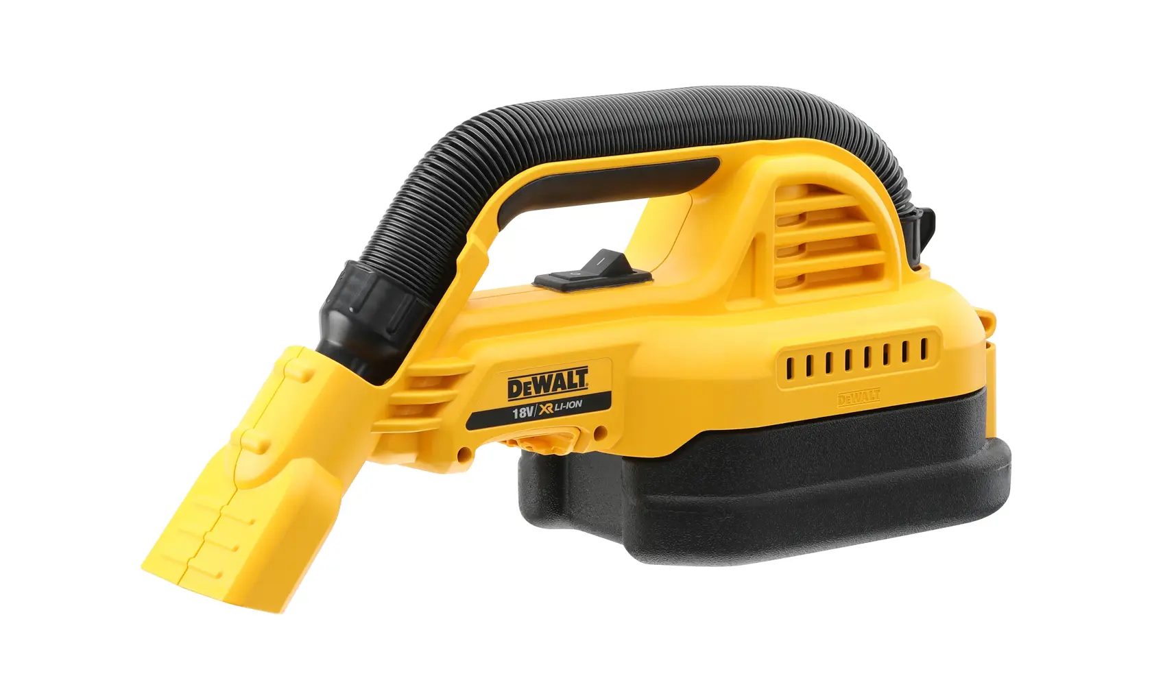 Aspirateur sans fil DEWALT DCV517N jaune avec tuyau flexible, présenté sur fond blanc.