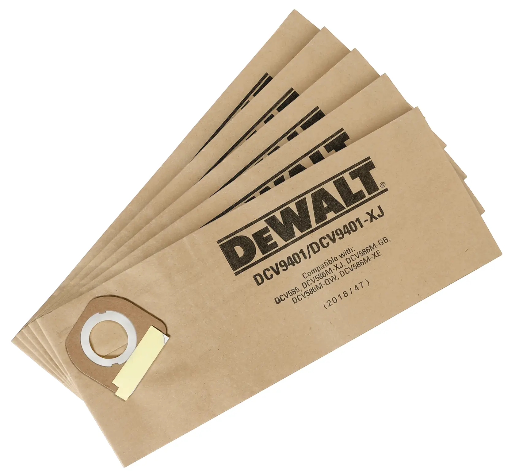 Un ensemble de cinq sacs à poussière pour aspirateur DEWALT DCV9401 en papier brun, adaptés à certains modèles DEWALT. Les sacs sont disposés en éventail et montrent le code produit et les informations de compatibilité.
