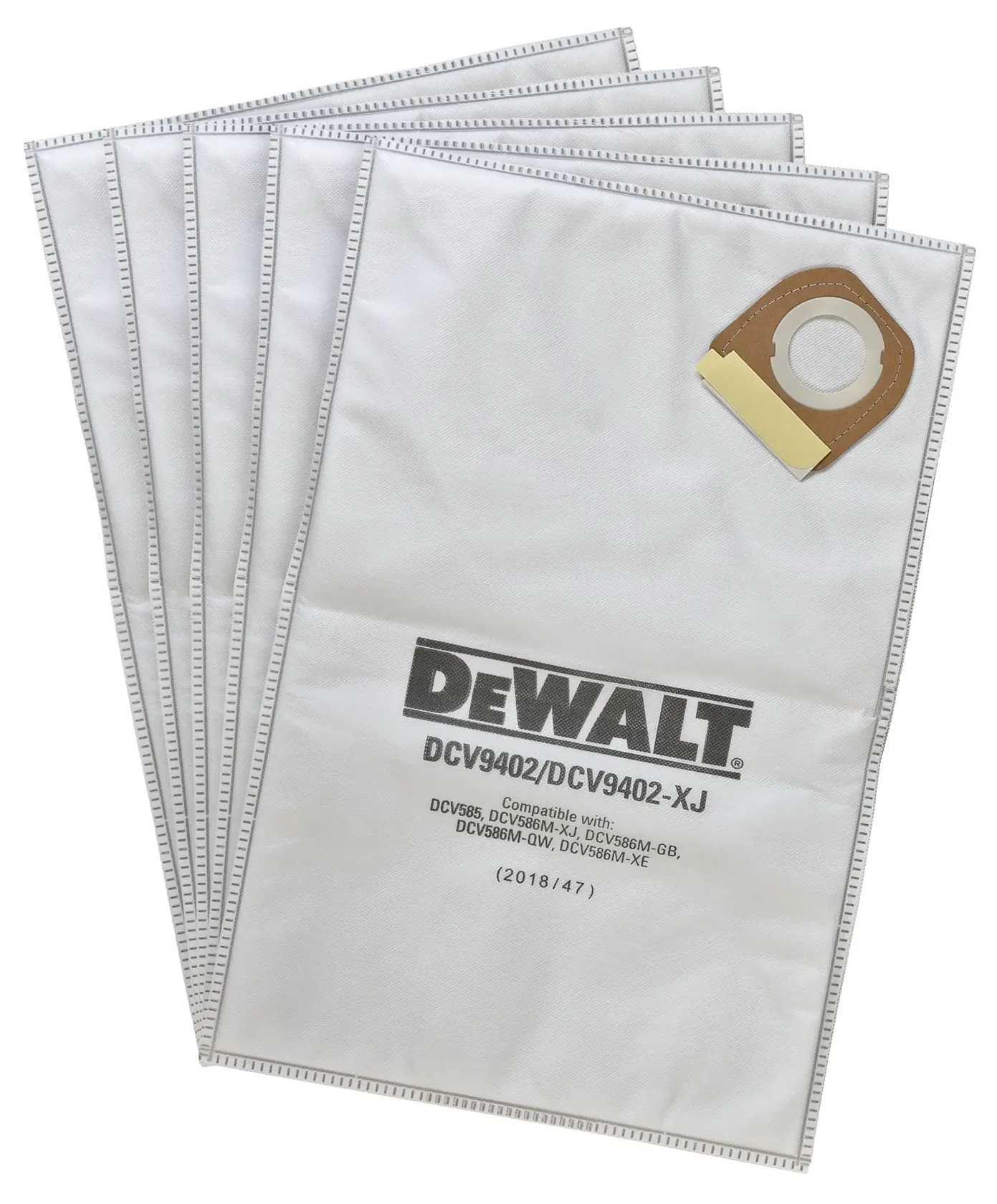 Un ensemble de sacs à poussière pour aspirateur DEWALT DCV9402-XJ, compatibles avec divers modèles d'aspirateurs DEWALT. Les sacs sont blancs avec des bords renforcés et possèdent un col en carton marron avec une ouverture circulaire.