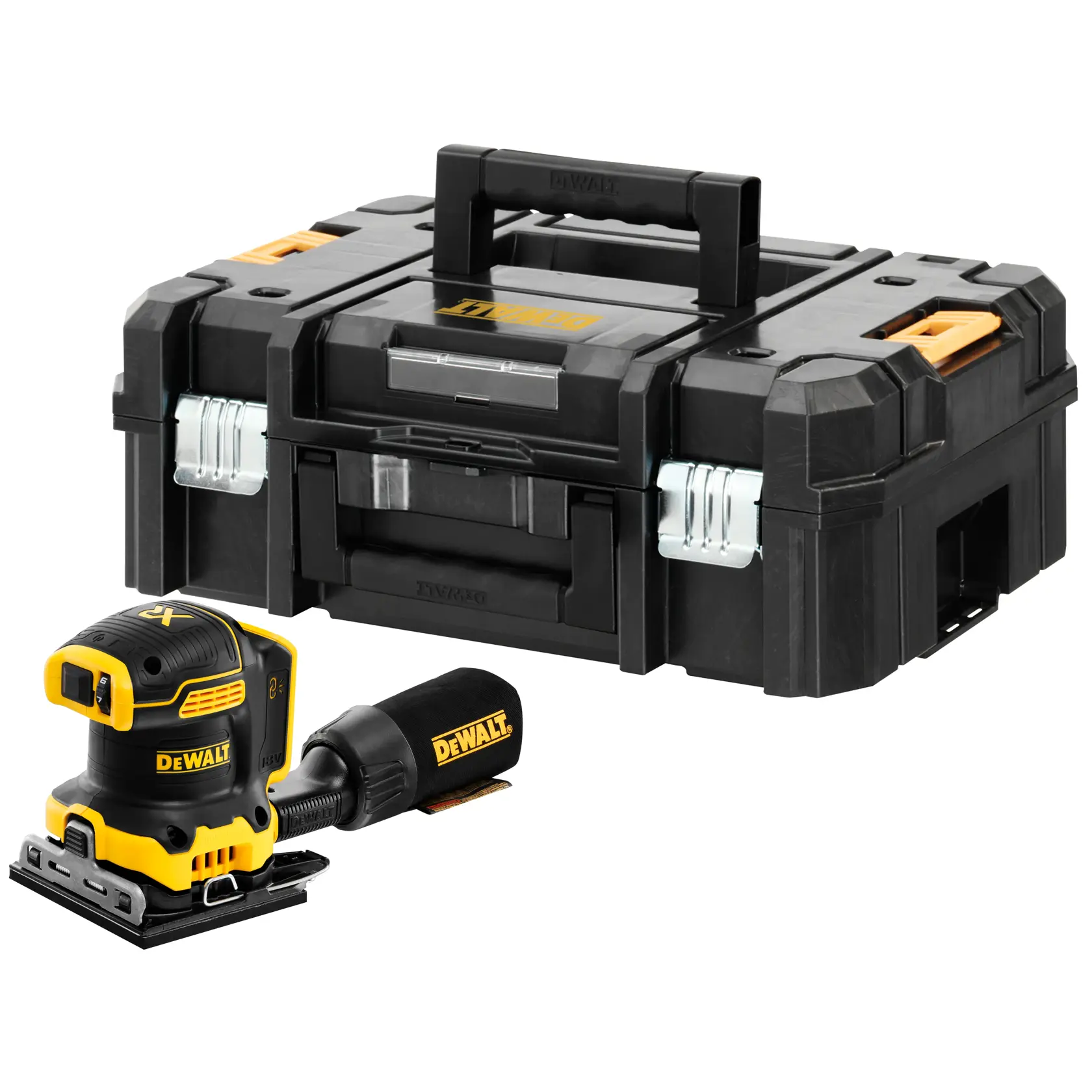 Ponceuse DEWALT avec collecteur de poussière et boîte de transport noire et jaune sur fond blanc.