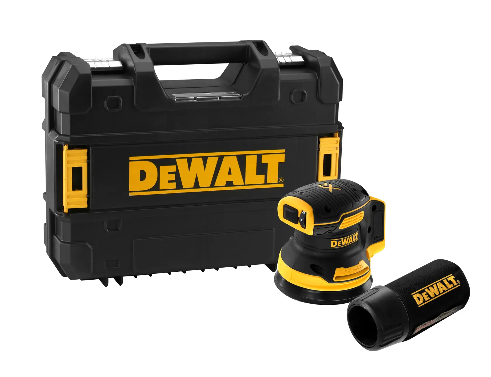 Ponceuse sans fil DEWALT avec collecteur de poussière et mallette rigide, noir et jaune.