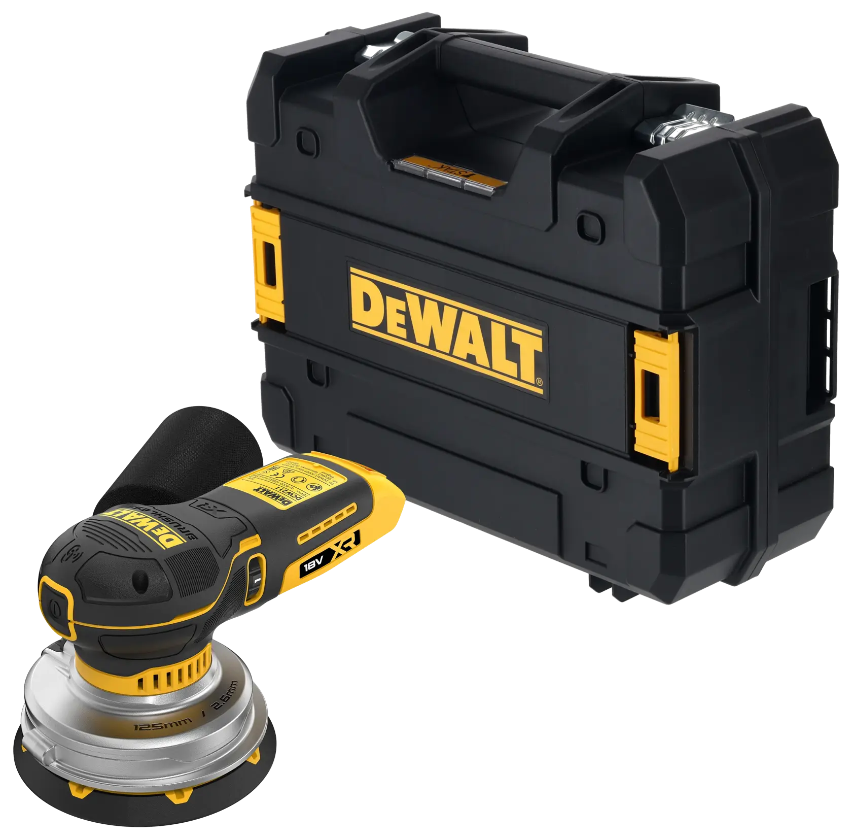 DEWALT 18V XR Akku-Exzenterschleifer mit schwarzem Transportkoffer.