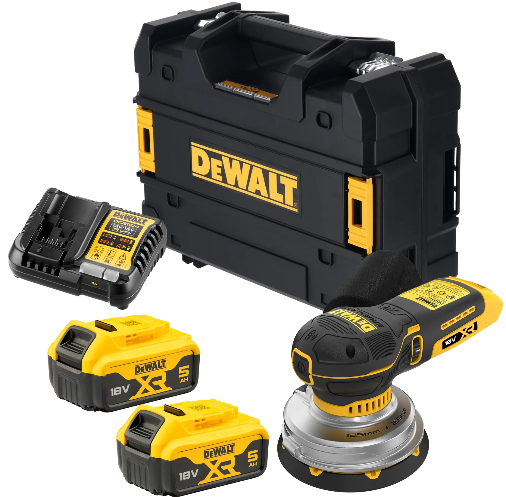 DEWALT Akku-Schleifer Set mit zwei 18V Batterien, Ladegerät und Hartschalenkoffer.