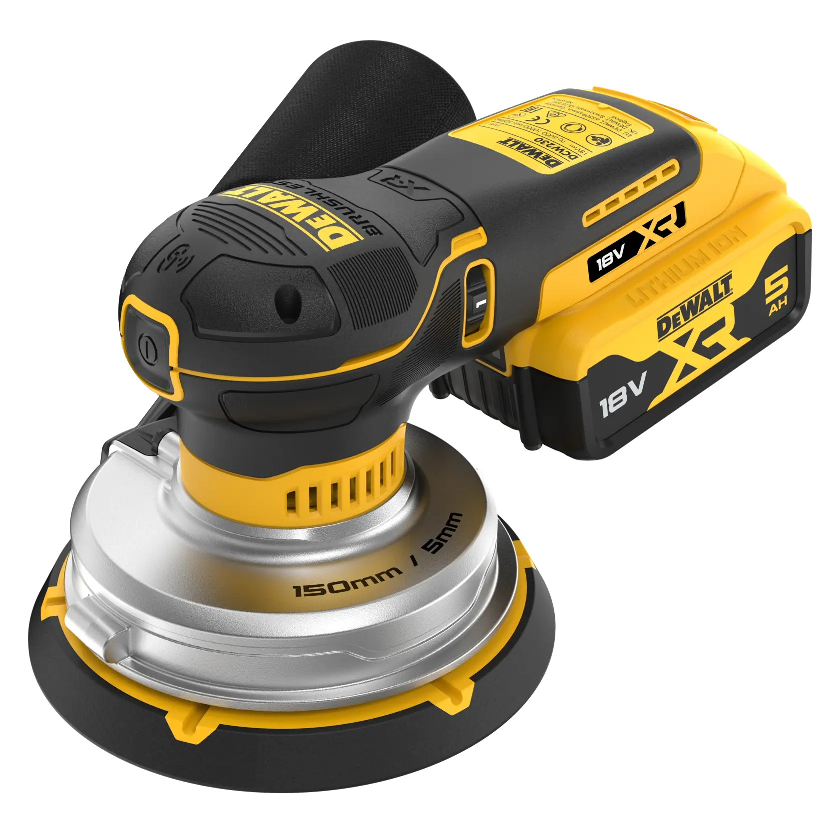 Ponceuse DEWALT XR 18V sans fil avec patin de 150mm et sac à poussière, vue rapprochée jaune et noire.
