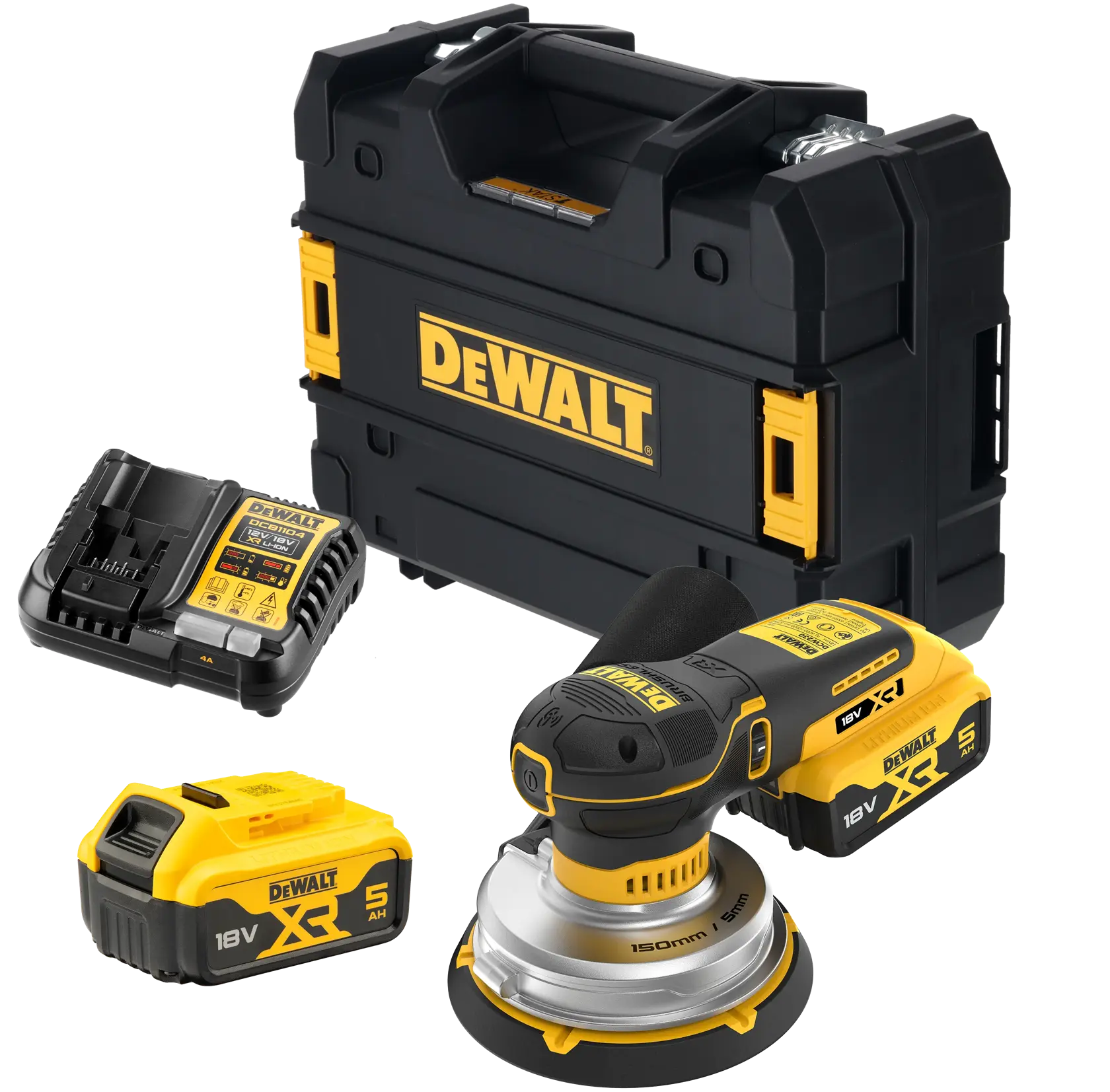 DEWALT 18V XR Akku-Schleifer mit 150mm Pad und 5Ah Akku, schwarz-gelb, Nahaufnahme.