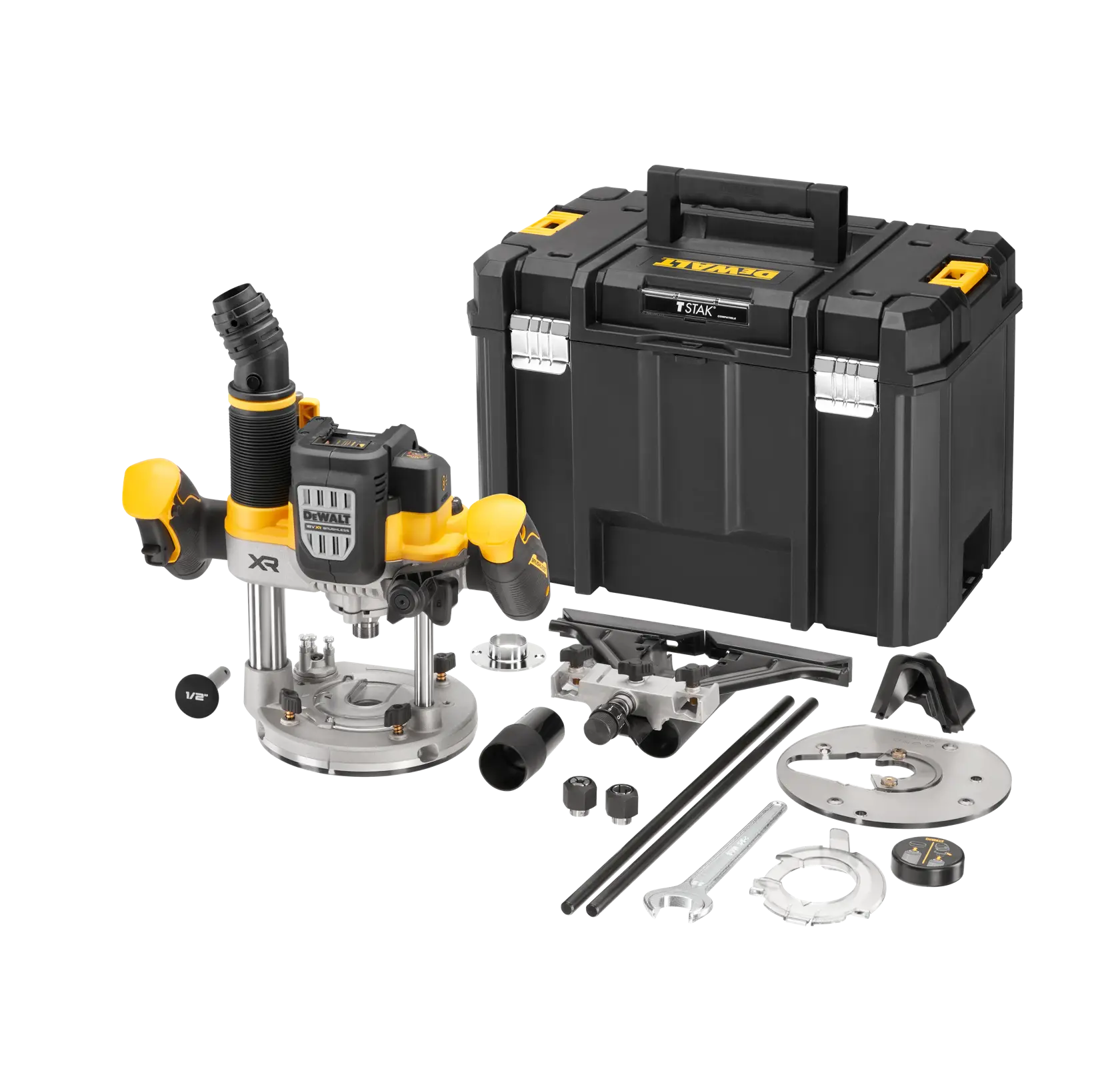 Défonceuse DEWALT avec accessoires et coffret de rangement robuste. Plusieurs pièces incluses.