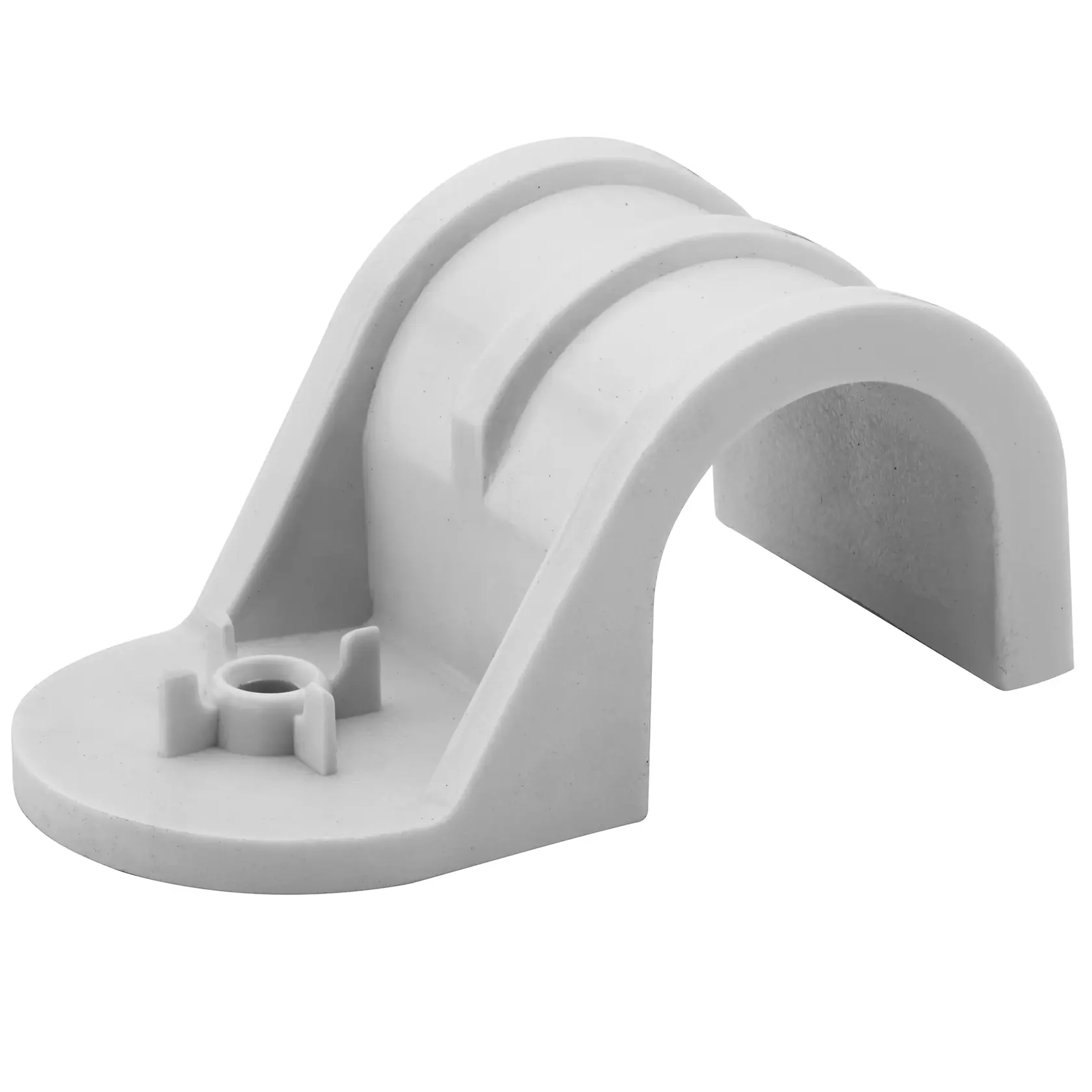 Collier de tuyau en plastique gris avec base de fixation, utilisé pour fixer des tuyaux ou tubes.
