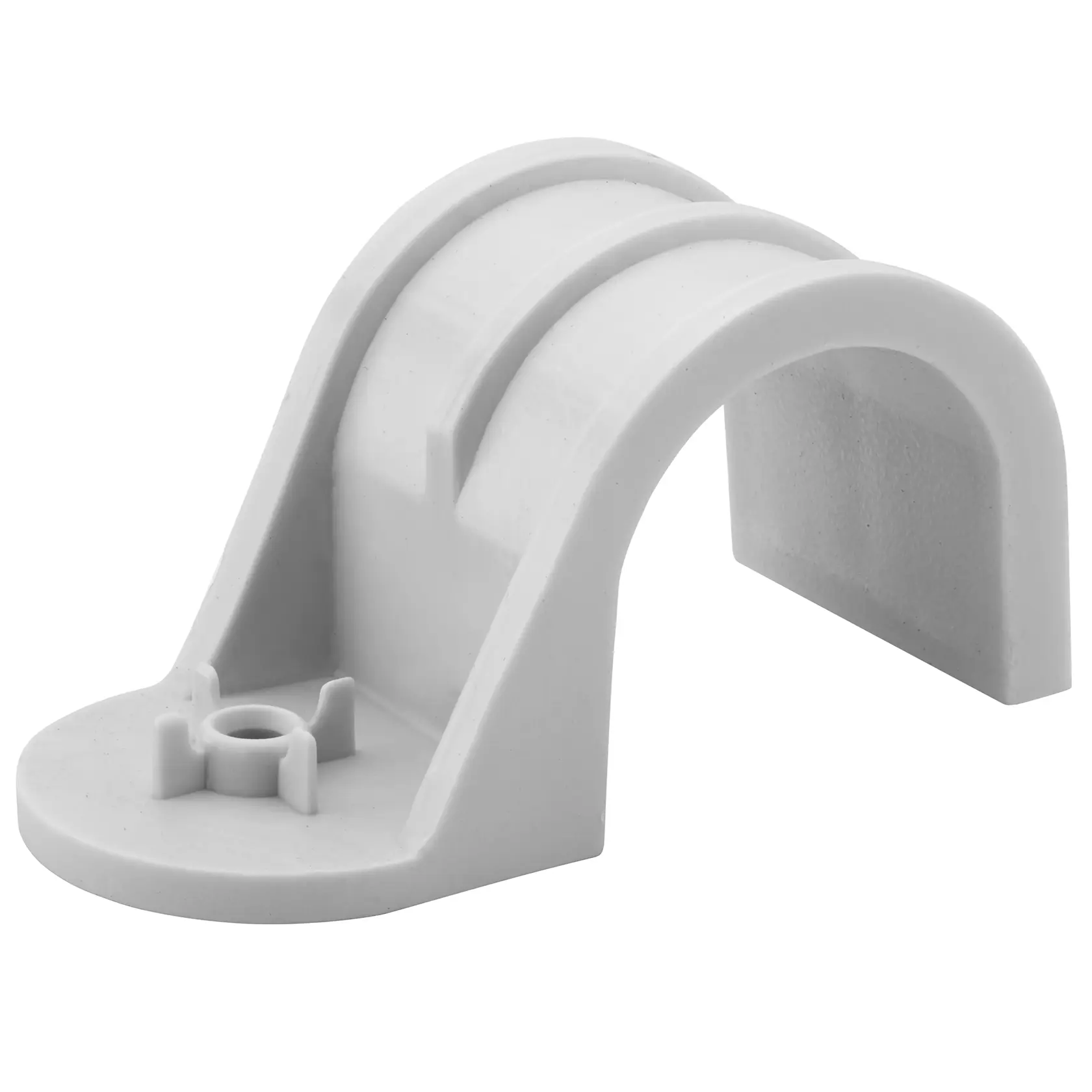 Collier de serrage en plastique blanc, forme courbée, pour fixer tuyaux ou câbles sur des surfaces.