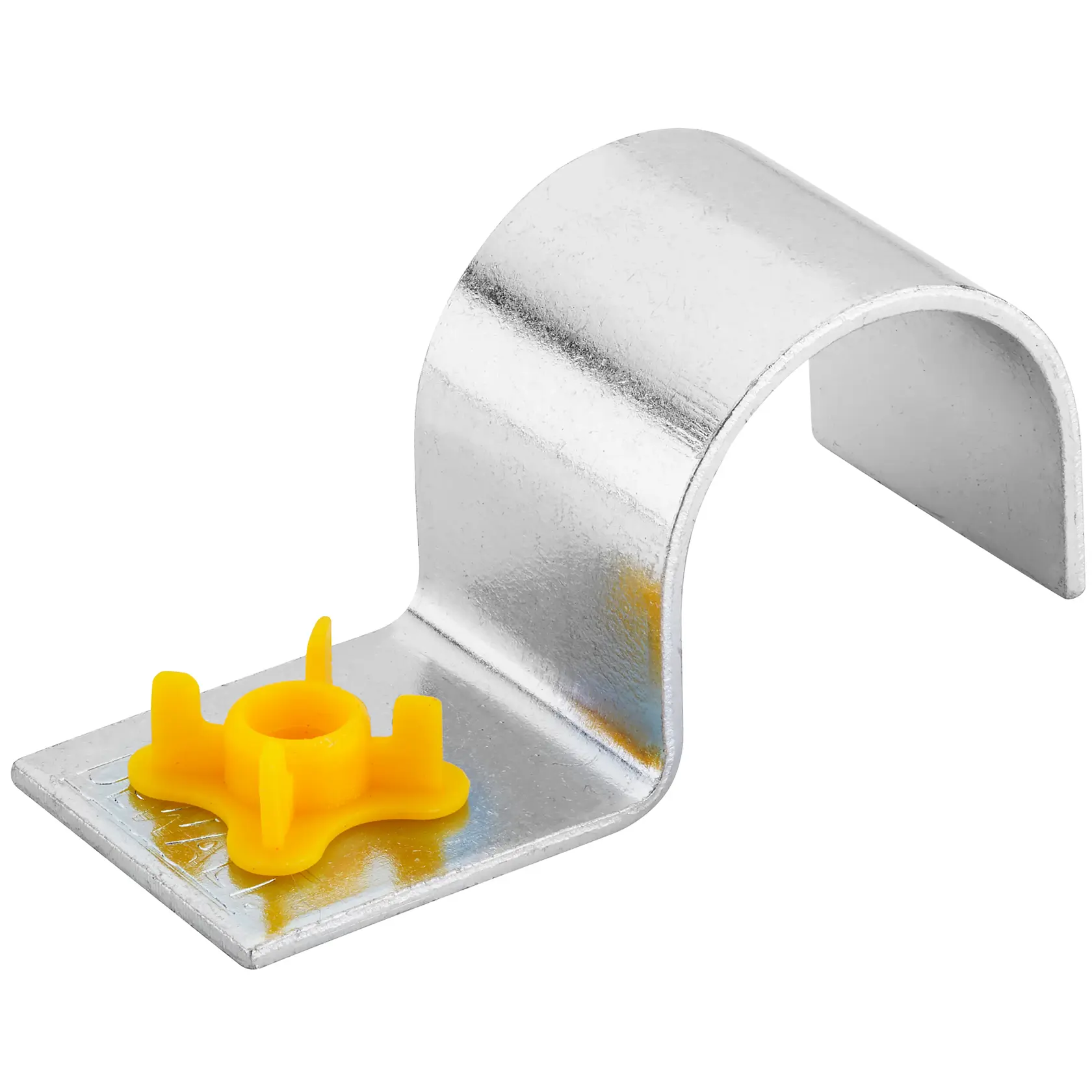Support métallique courbé avec connecteur plastique jaune, utilisé pour fixer les câbles.