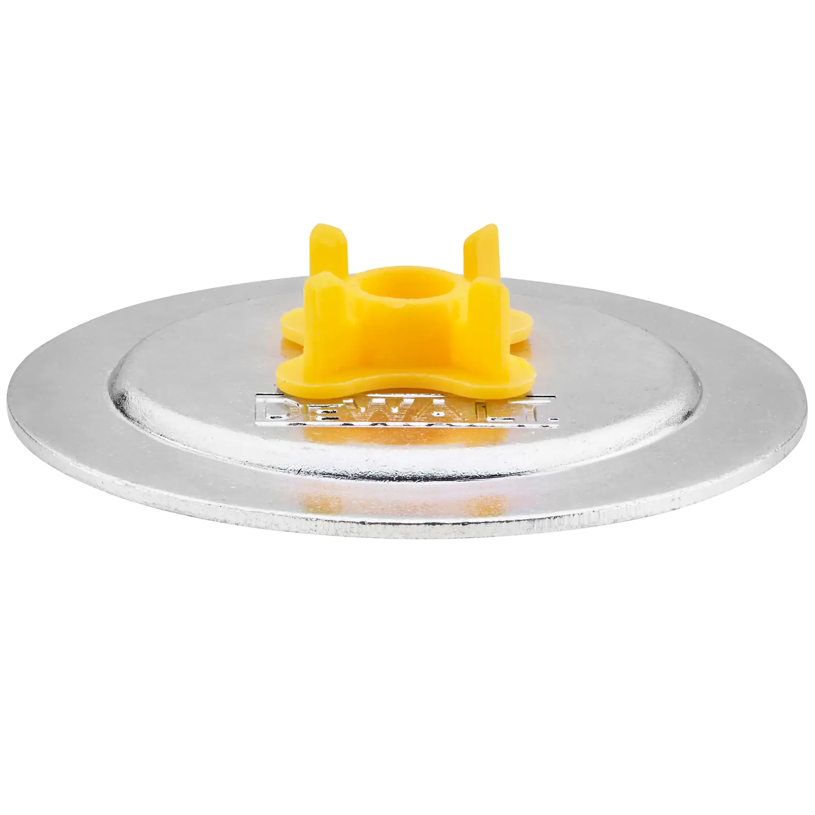 Disque accessoire photo DEWALT en métal et plastique jaune, présenté sur fond blanc.
