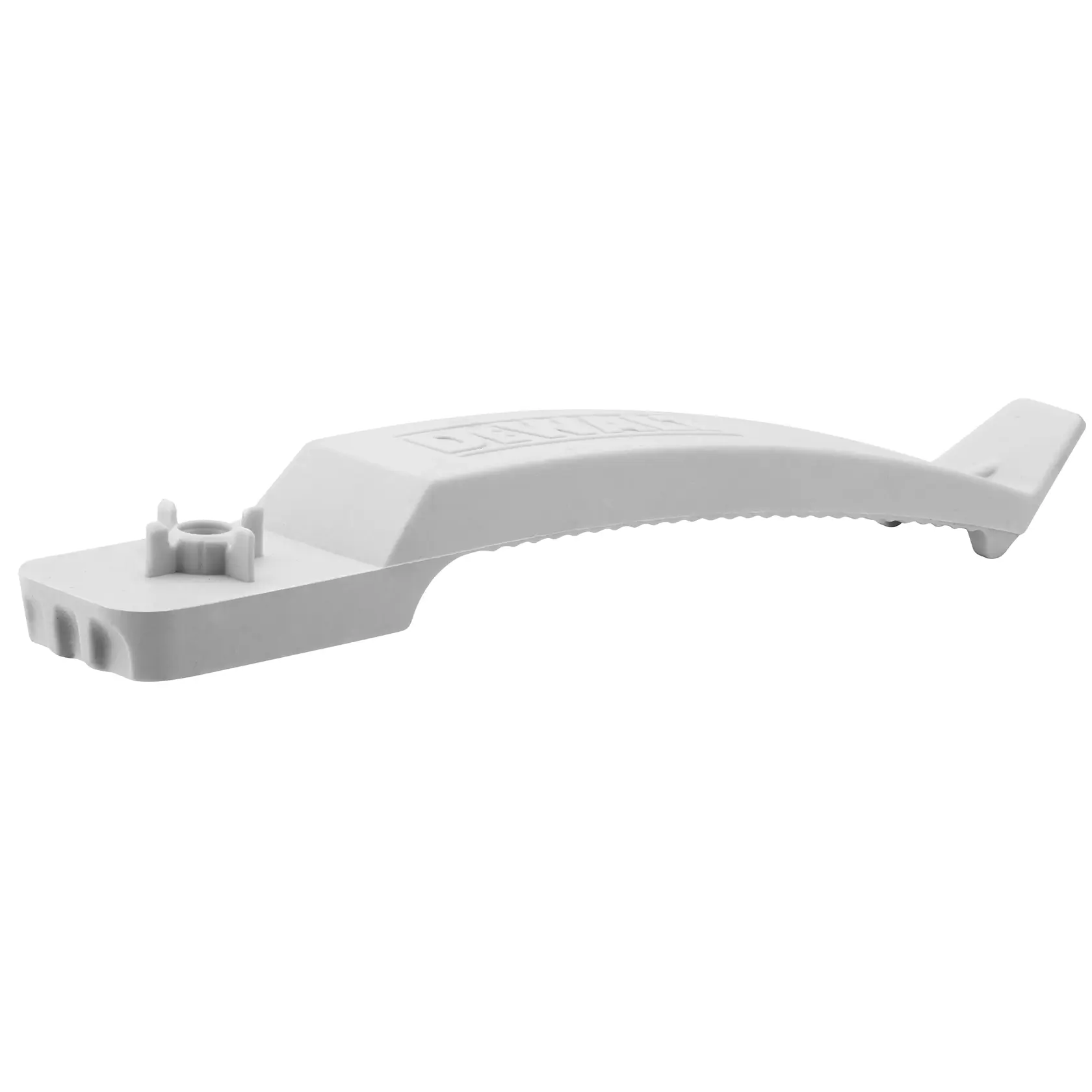 Un accessoire en plastique blanc incurvé avec le logo DEWALT embossé sur le dessus. L'article présente une base plate avec de petites excroissances et une section centrale surélevée, probablement utilisée pour monter ou attacher à un autre appareil.