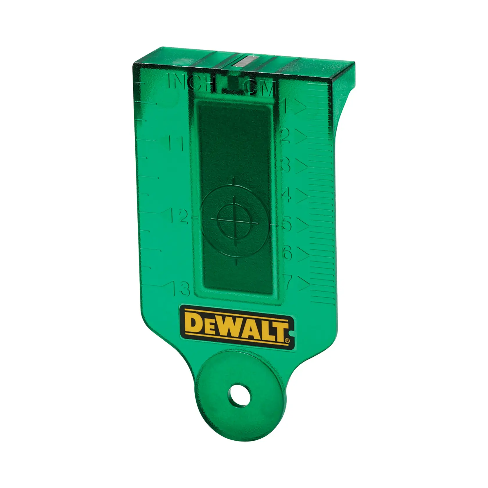 DEWALT grünes Fotografieziel, DE0730G und DE0730G-XJ SKUs, mit Logo und Maßmarkierungen.
