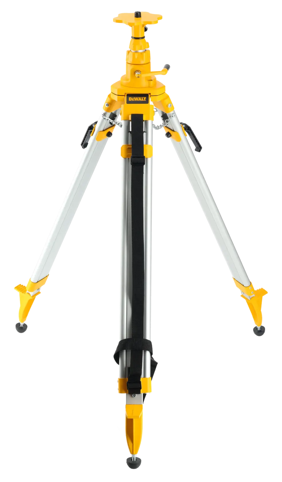 DEWALT DE0735 gelb-silbernes Stativ für Fotografie mit verstellbaren Beinen und Mittelsäule.