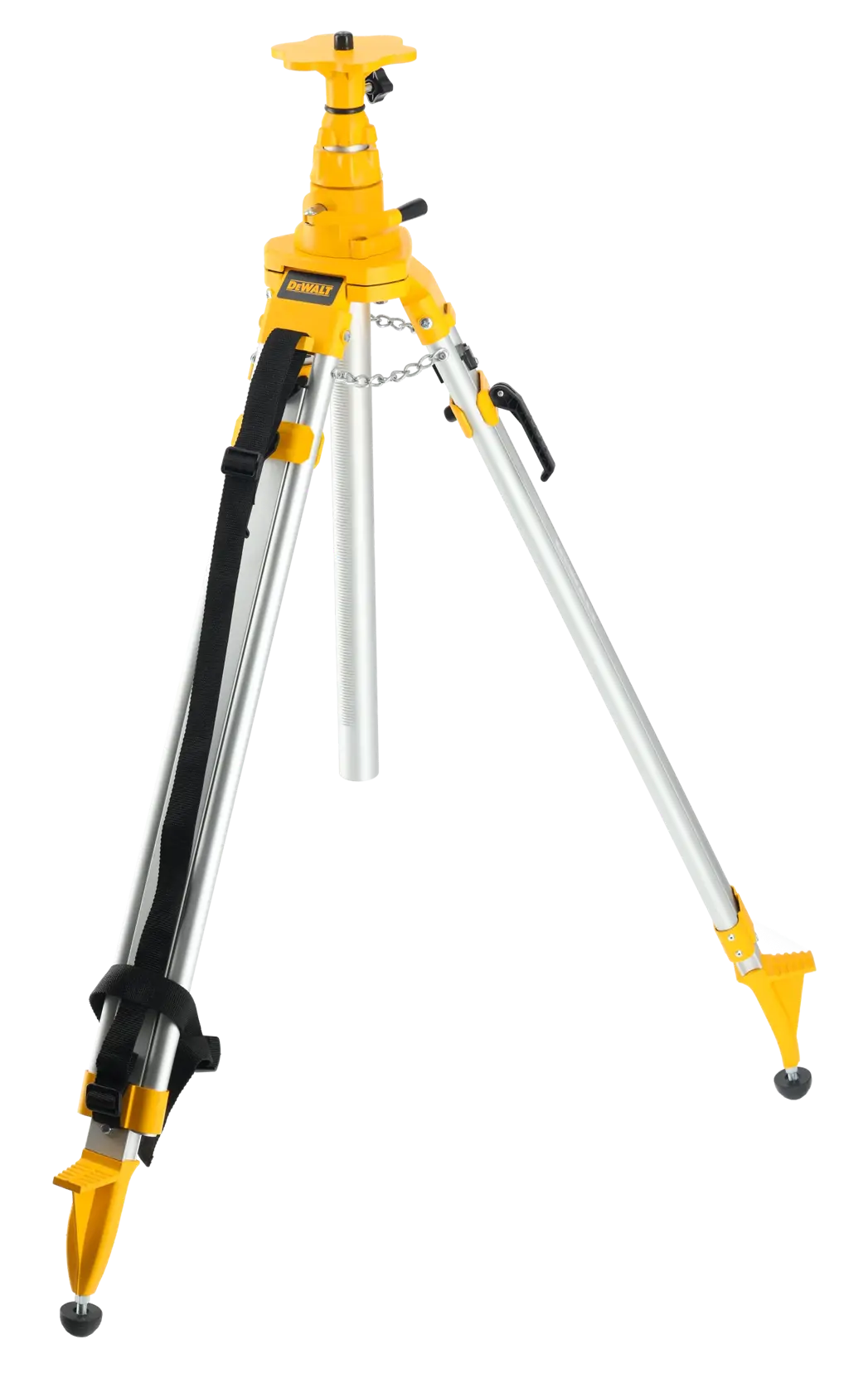 DEWALT DE0735 Aluminium-Stativ mit verstellbaren Beinen und gelber Halterung für Fotografie oder Laser.