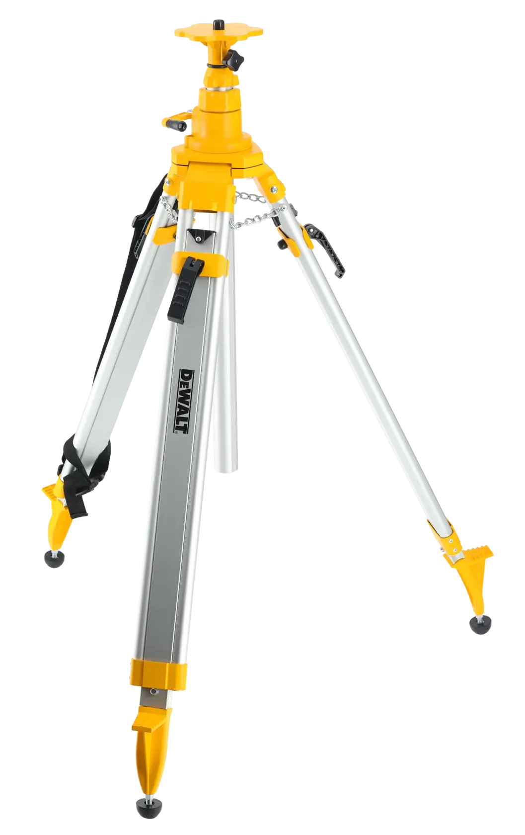 DEWALT DE0735 Aluminium-Stativ mit verstellbaren Beinen und gelben Akzenten für Foto oder Lasergeräte.