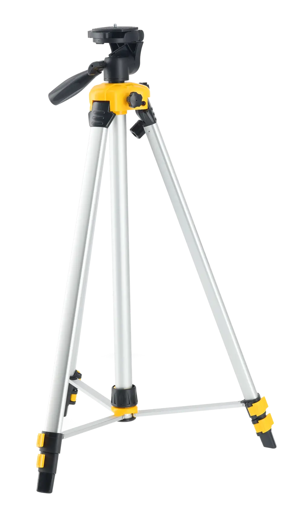 DEWALT silbernes Stativ mit gelben und schwarzen Gelenken, verstellbaren Beinen, Fotografie-Zubehör auf weißem Hintergrund.