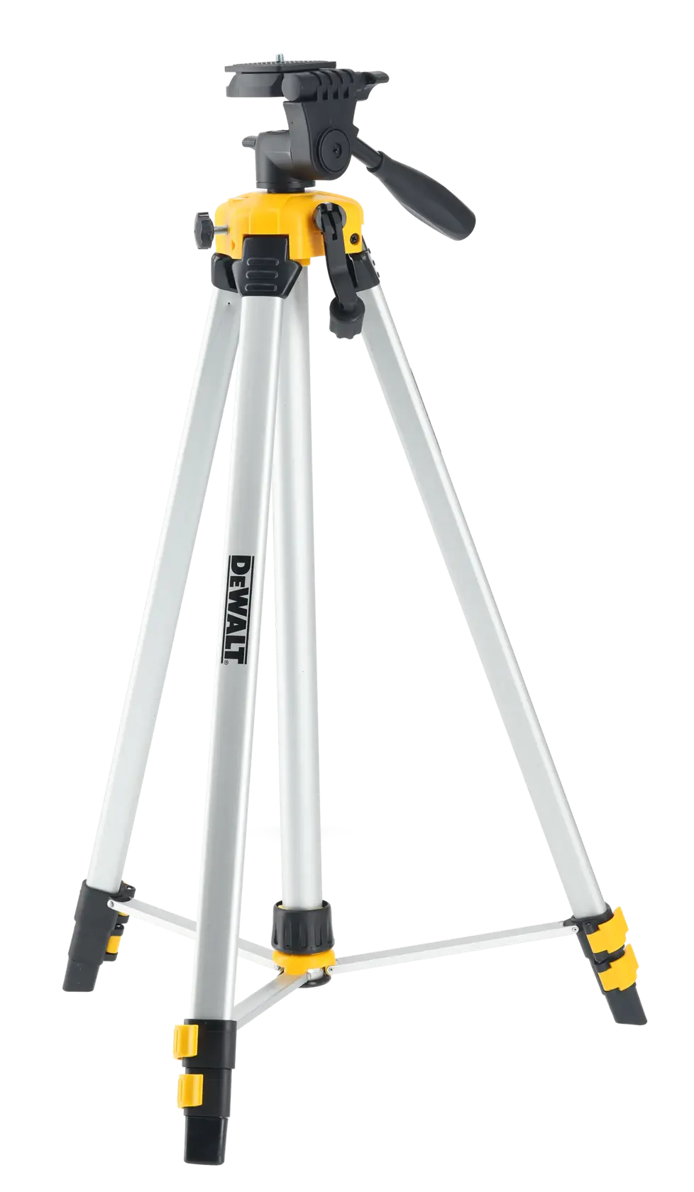 DEWALT DE0881T verstellbares Stativ mit silbernen Beinen und schwarz/gelben Teilen, geeignet für Fotografie.