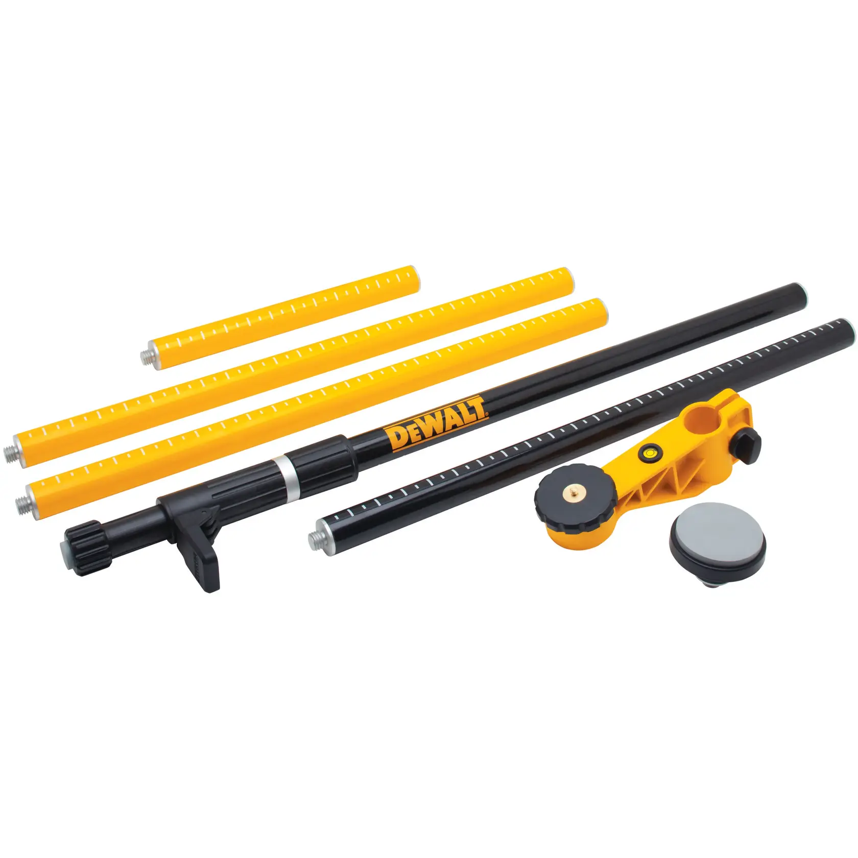 DEWALT DE0882 verstellbares Laser-Nivellierstativset mit gelben und schwarzen Teilen.