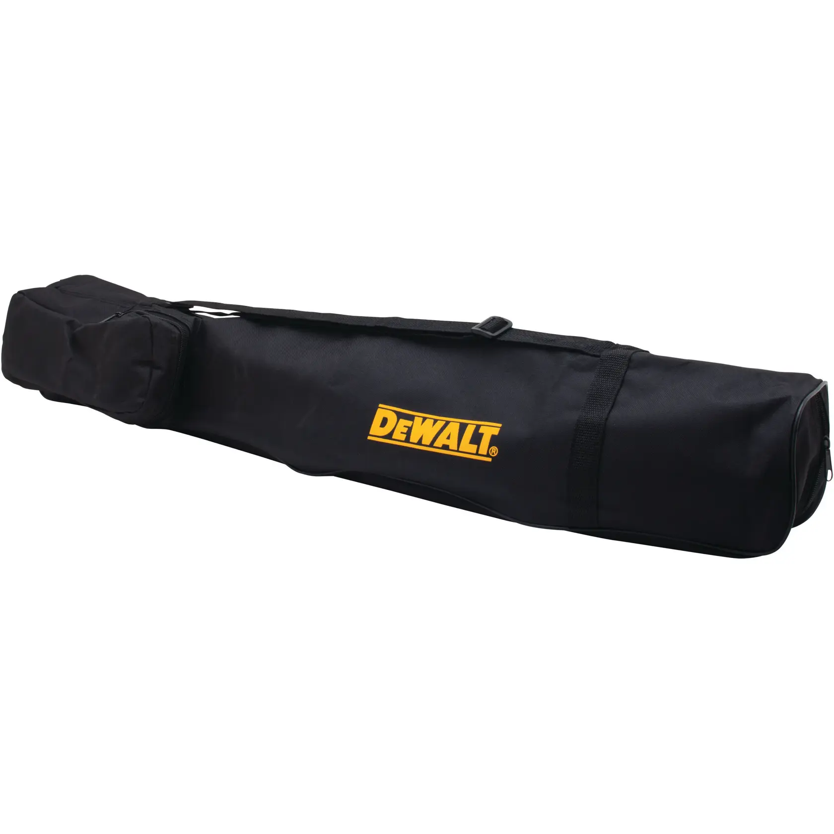 Schwarze DEWALT Stativtasche mit Griff und Seitenfach, zum Transport von Fotostativen.