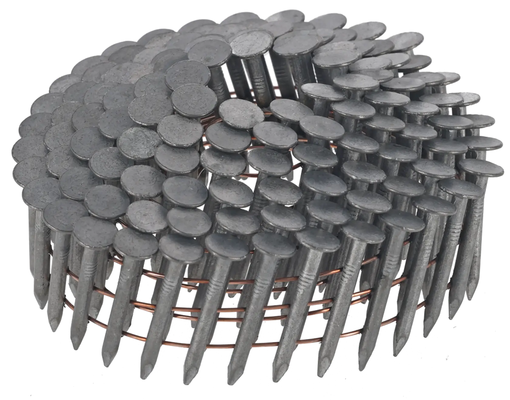 Gros plan sur une bobine de clous galvanisés pour cloueur, disposés en cercle.