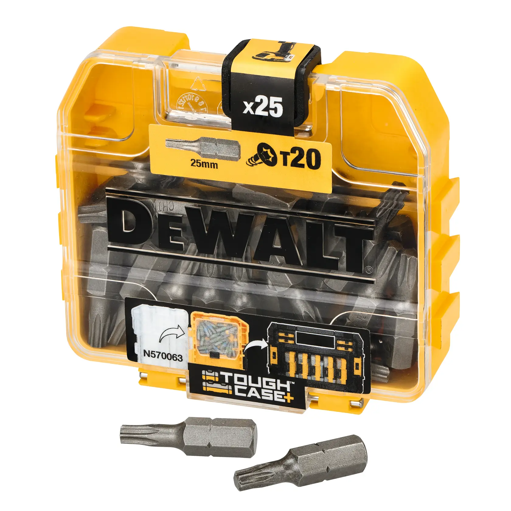 DEWALT ToughCase+ Set mit 25 T20 Schraubendreher-Bits, 25mm lang, in gelber Box.