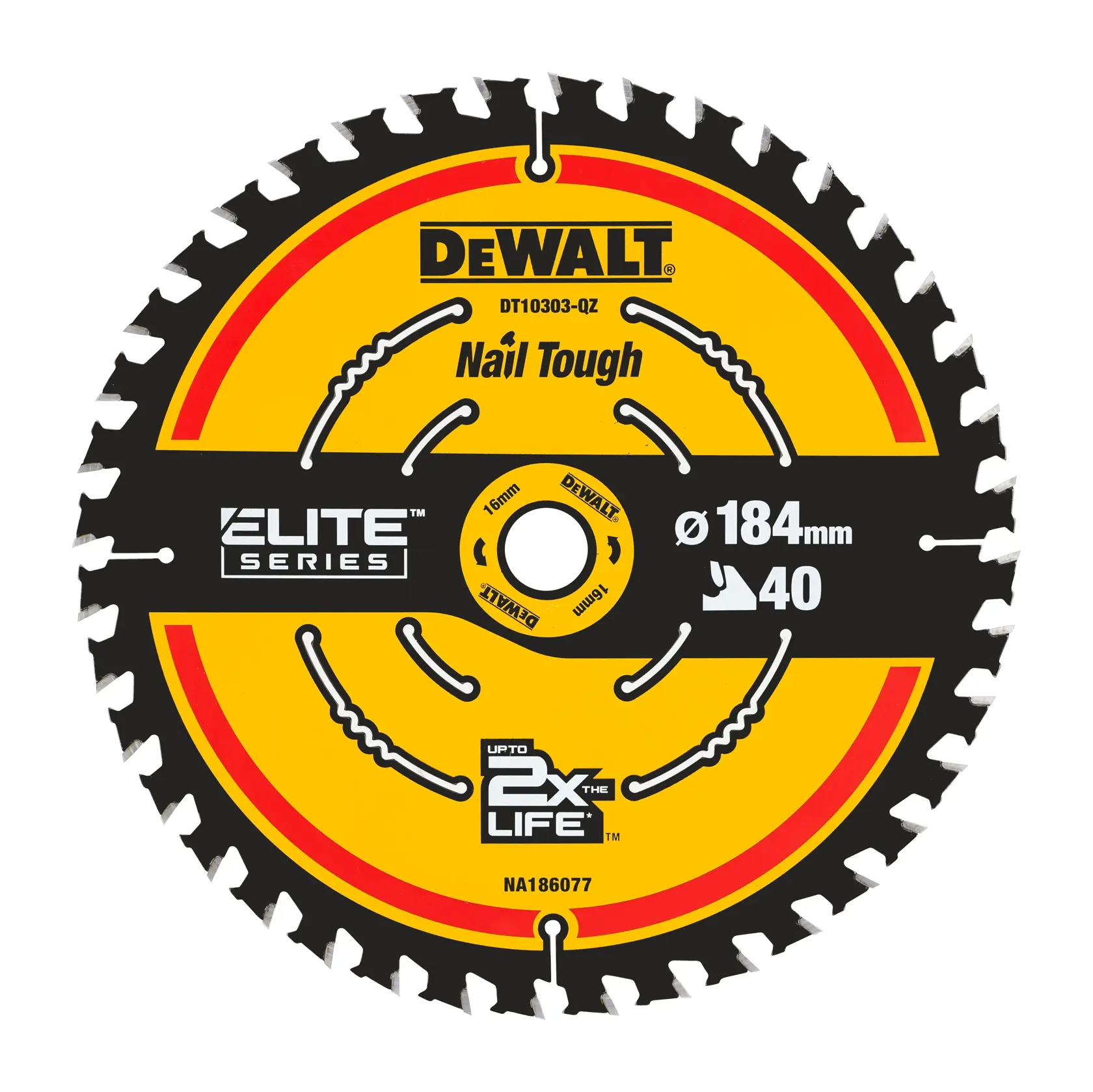 Lame de scie circulaire DEWALT DT10303, Elite Series, Nail Tough, 184 mm, 40 dents, jaune et noire.