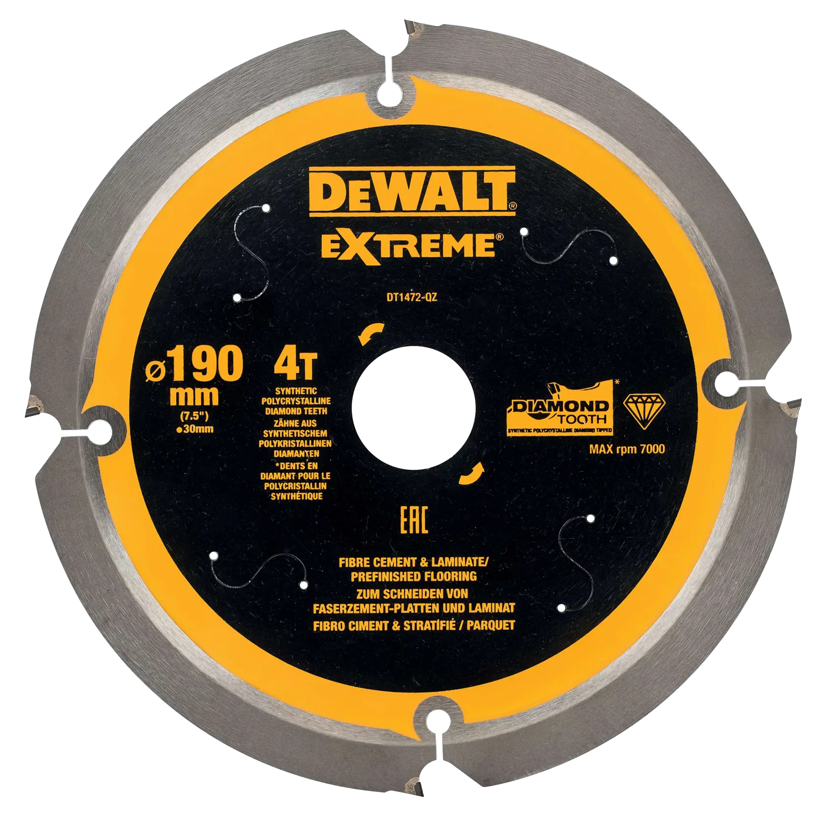 Lame DEWALT DT1472 Extreme pour fibre-ciment et stratifié, diamètre 190mm, 4T, dent diamant.