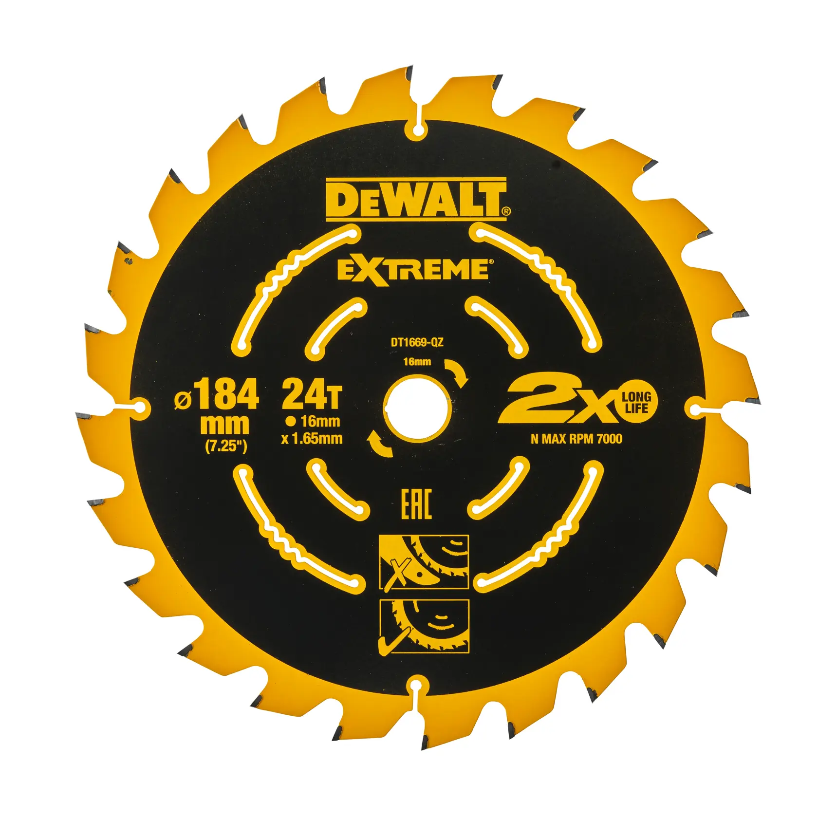 DEWALT DT1669 Extreme 184mm 24T Kreissägeblatt zum Schneiden, gelb-schwarzes Design.