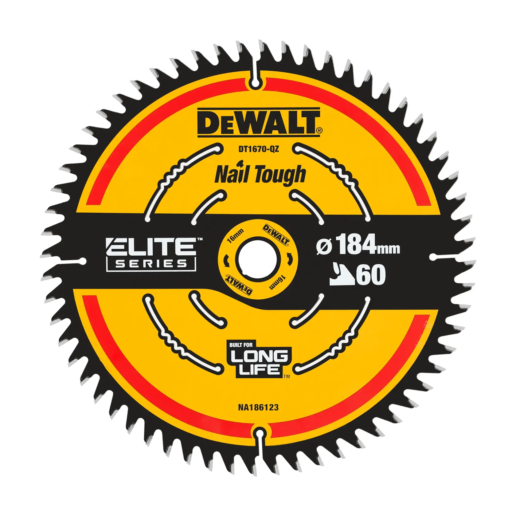 Lame de scie circulaire DEWALT DT1670 Elite Series 184mm avec 60 dents, pour coupes résistantes et durables.