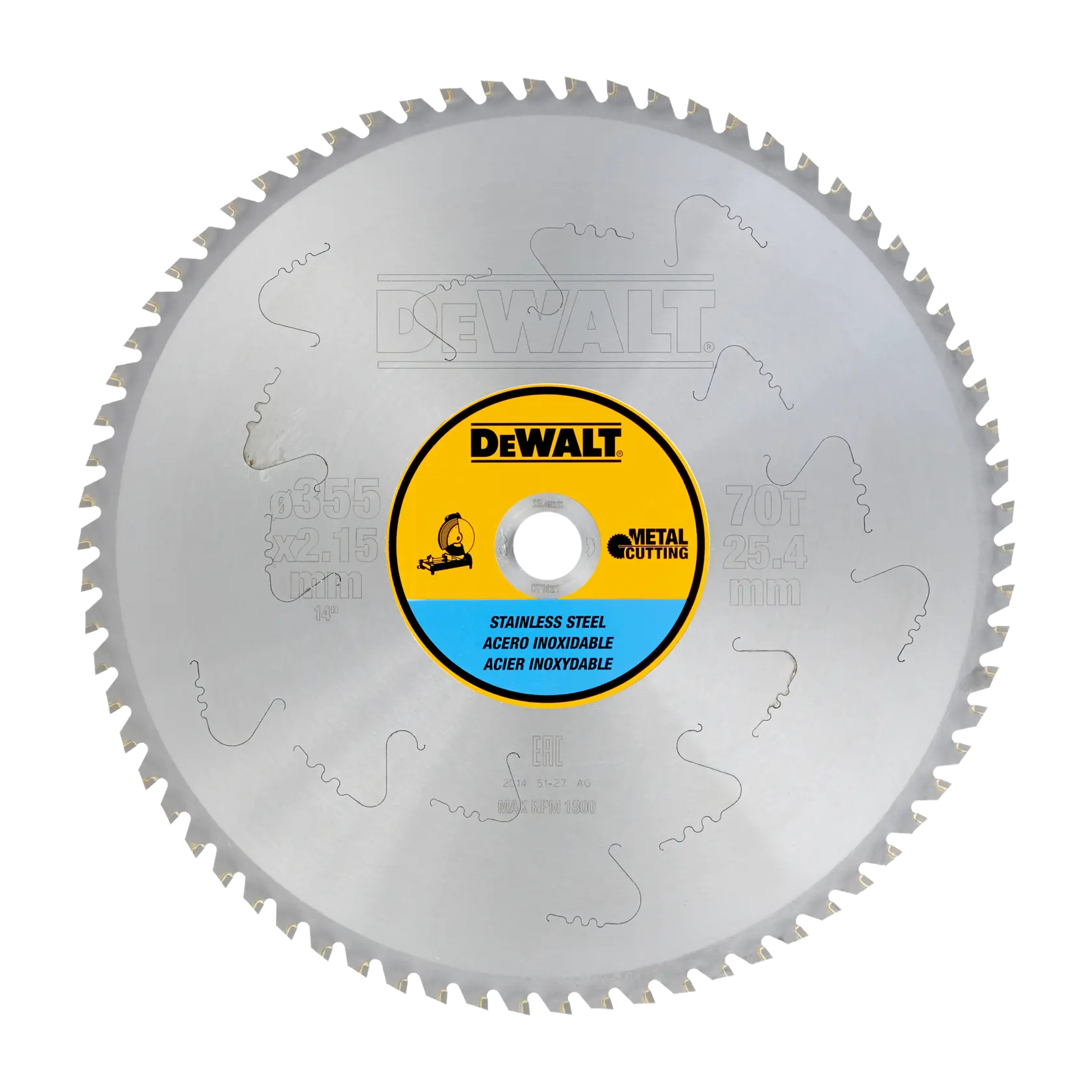 Lame de scie DEWALT DT1921 pour acier inoxydable, circulaire avec bords dentelés.